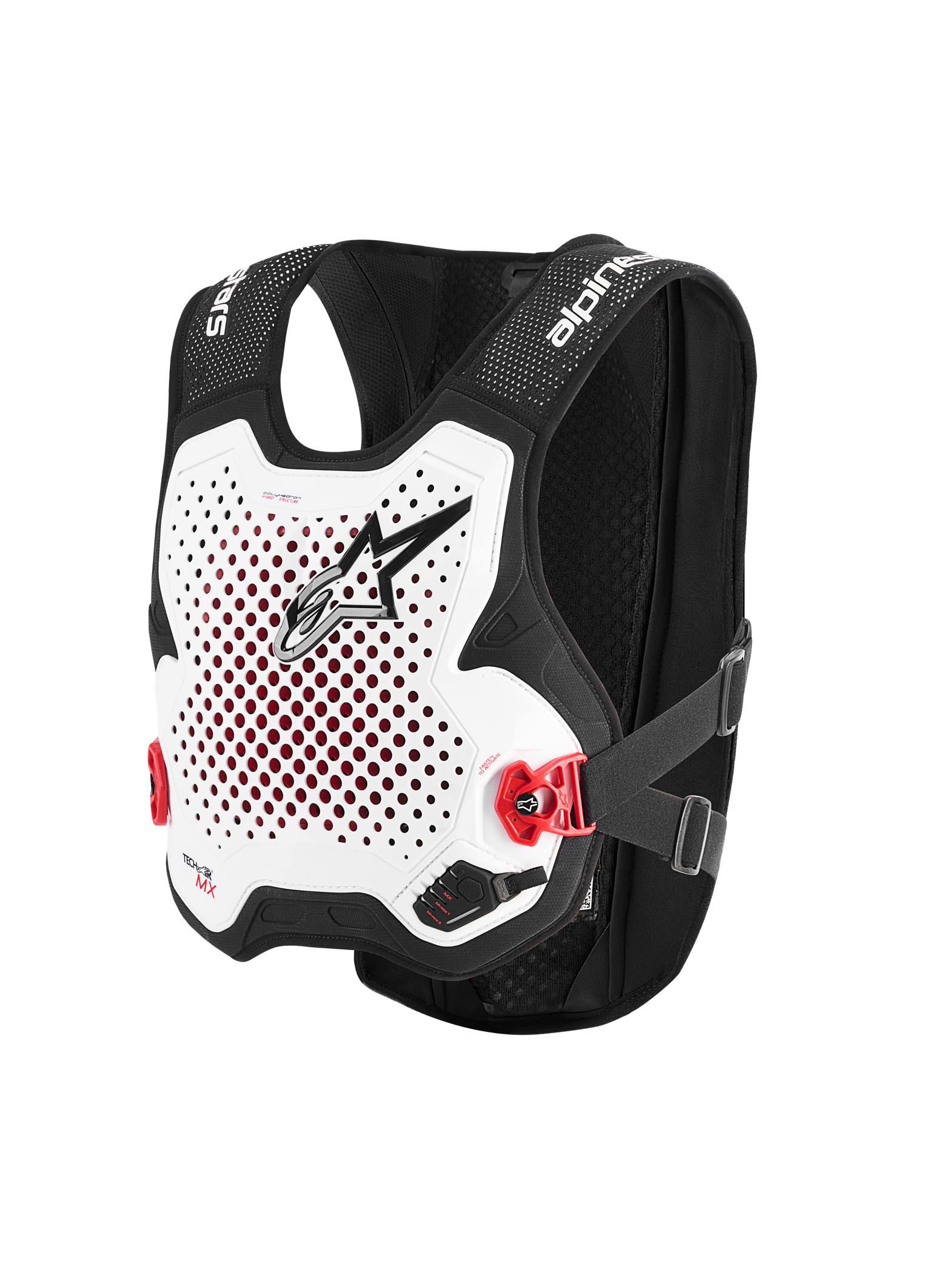 Alpinestars Tech-Air® MX System, autonom off-road airbag-vest, hvid og sort, perforeret hvid brystplade med sort logo, røde sidespænder, sort stretch mesh-chassis, avanceret motocross- og supercross-beskyttelse