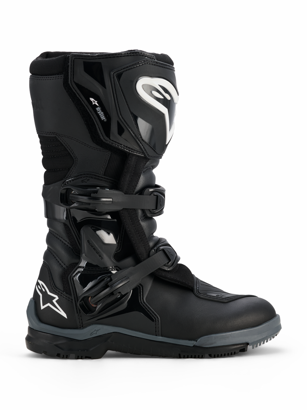 Alpinestars Corozal V2 Adventure Drystar® støvler, sort, robust adventure-motorcykelstøvle med hvide Alpinestars-logoer på skinnebenet og hælen, to justerbare polymerspænder, holdbar konstruktion i flere materialer designet til kørsel i alt terræn