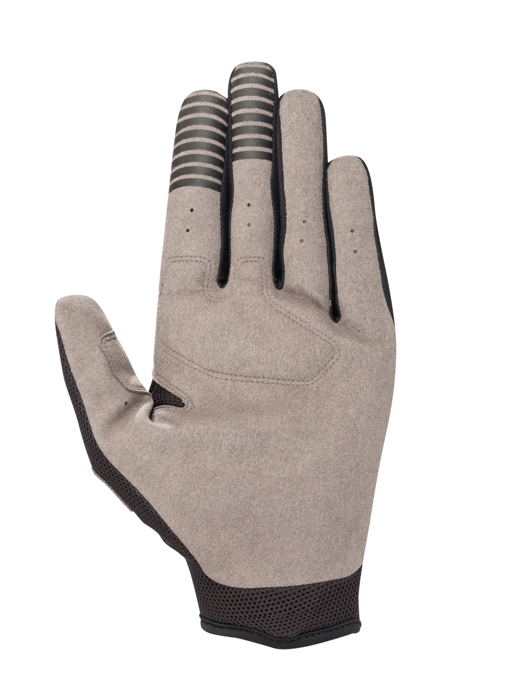 Alpinestars Engine Gloves, palm view, Black and Gray, featuring a synthetic suede palm with conductive black stripes on the index and middle fingertips, black mesh at the wrist and thumb, and small ventilation holes on the fingers.