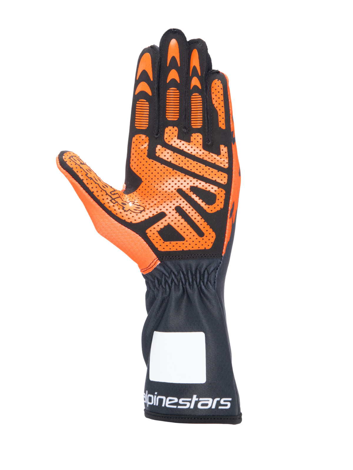 Alpinestars Tech-1 K V3 kartinghandsker, sort og orange, håndfladevisning med detaljeret silikone-grebsmønster, lang manchet med hvidt Alpinestars-logo, ergonomisk design til karting