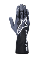 Alpinestars Tech-1 K V3 Gloves, Karting Gloves, Black Anthracite, featuring a large white Astar logo on the back of the hand, dark gray camo-style pattern, and a gauntlet cuff with vertical white Alpinestars branding