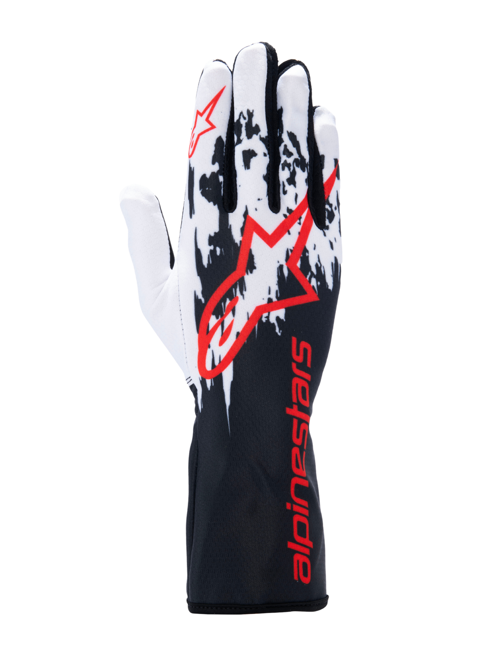 Alpinestars Tech-1 K V3 handsker, kartinghandsker, sort hvid rød, med hvidt og sort stænket grafisk design på bagsiden, stort rødt Alpinestars-logo, rød branding på den lange manchet, professionelt motorsportudstyr.