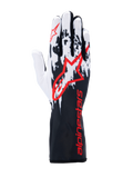 Alpinestars Tech-1 K V3 handsker, kartinghandsker, sort hvid rød, med hvidt og sort stænket grafisk design på bagsiden, stort rødt Alpinestars-logo, rød branding på den lange manchet, professionelt motorsportudstyr.