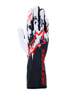 Alpinestars Tech-1 K V3 handsker, kartinghandsker, sort hvid rød, med hvidt og sort stænket grafisk design på bagsiden, stort rødt Alpinestars-logo, rød branding på den lange manchet, professionelt motorsportudstyr.