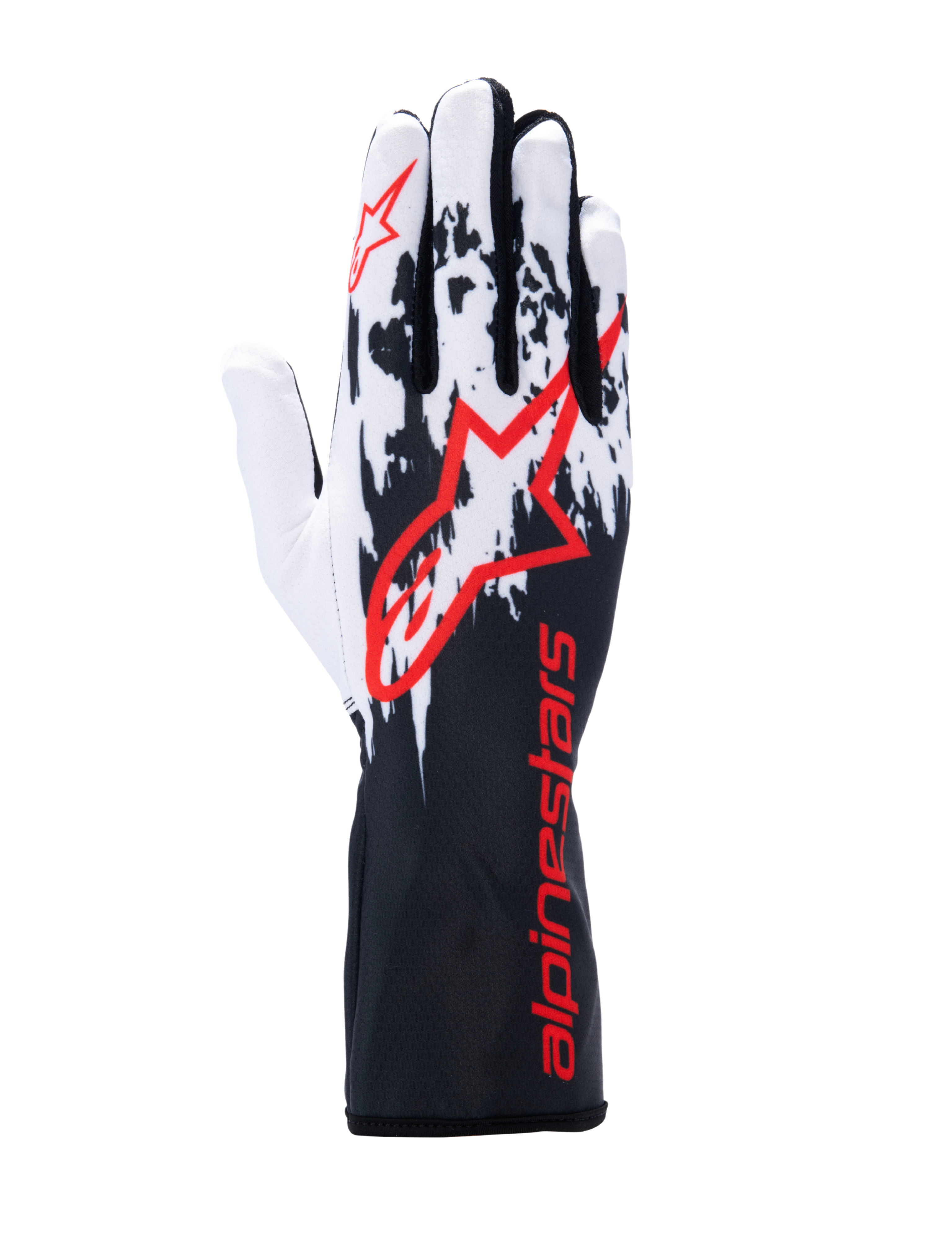 Alpinestars Tech-1 K V3 handsker, kartinghandsker, sort hvid rød, med hvidt og sort stænket grafisk design på bagsiden, stort rødt Alpinestars-logo, rød branding på den lange manchet, professionelt motorsportudstyr.