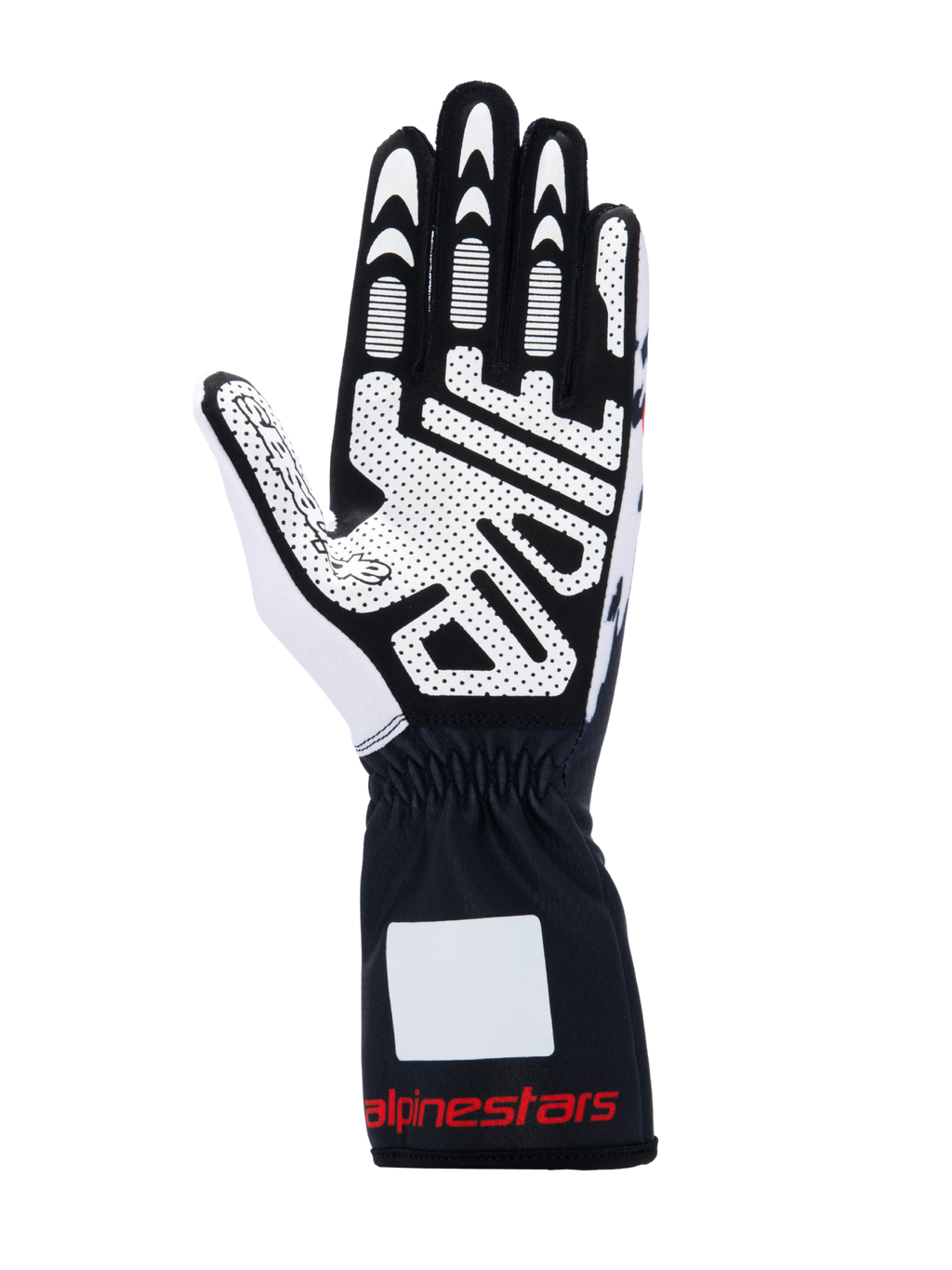 Alpinestars Tech-1 K V3 handsker, kartinghandsker, sort, hvid og rød, håndfladevisning med skridsikkert silikoneprint, syntetisk ruskindsmateriale, manchet med rødt logo, professionelt kartingudstyr