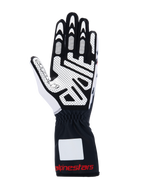 Alpinestars Tech-1 K V3 handsker, kartinghandsker, sort, hvid og rød, håndfladevisning med skridsikkert silikoneprint, syntetisk ruskindsmateriale, manchet med rødt logo, professionelt kartingudstyr