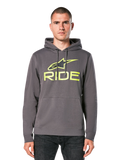 Alpinestars Ride Hoodie V 3, charcoal gray pullover hoodie with lime green RIDE logo, features a front kangaroo pocket and drawstring hood, casual motorsport-inspired streetwear