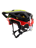 Alpinestars Vector Tech Pilot MTB Helmet CE, Mountain Bike Helmet, Black Red White and Yellow Fluo, glossy finish with multiple ventilation ports, adjustable visor, MIPS branding, sleek aerodynamic design for off-road cycling