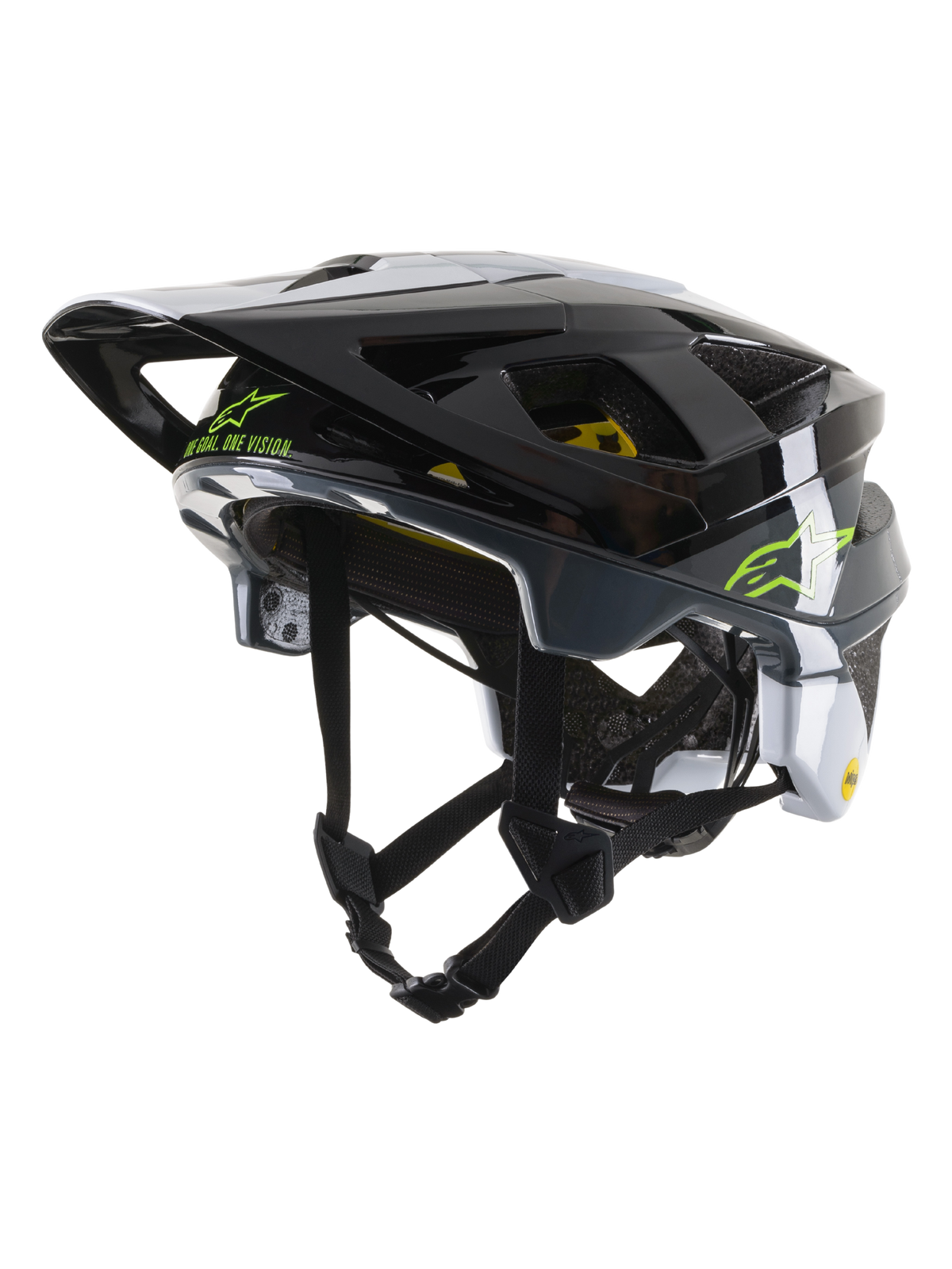 Alpinestars Vector Tech Pilot-hjelm CE, MTB-cykelhjelm, blank sort, hvid og Cool Gray, med limegrønt Alpinestars-logo og 'One Goal. One Vision.'-tekst, flere ventilationsåbninger og en justerbar skygge.