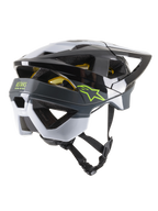 Alpinestars Vector Tech Pilot Helmet CE, MTB Cycling Helmet, Black White and Cool Gray Glossy, rear three-quarter view featuring lime green star and ASTARS logos, 19 ventilation openings, aerodynamic design with adjustable visor and chin strap