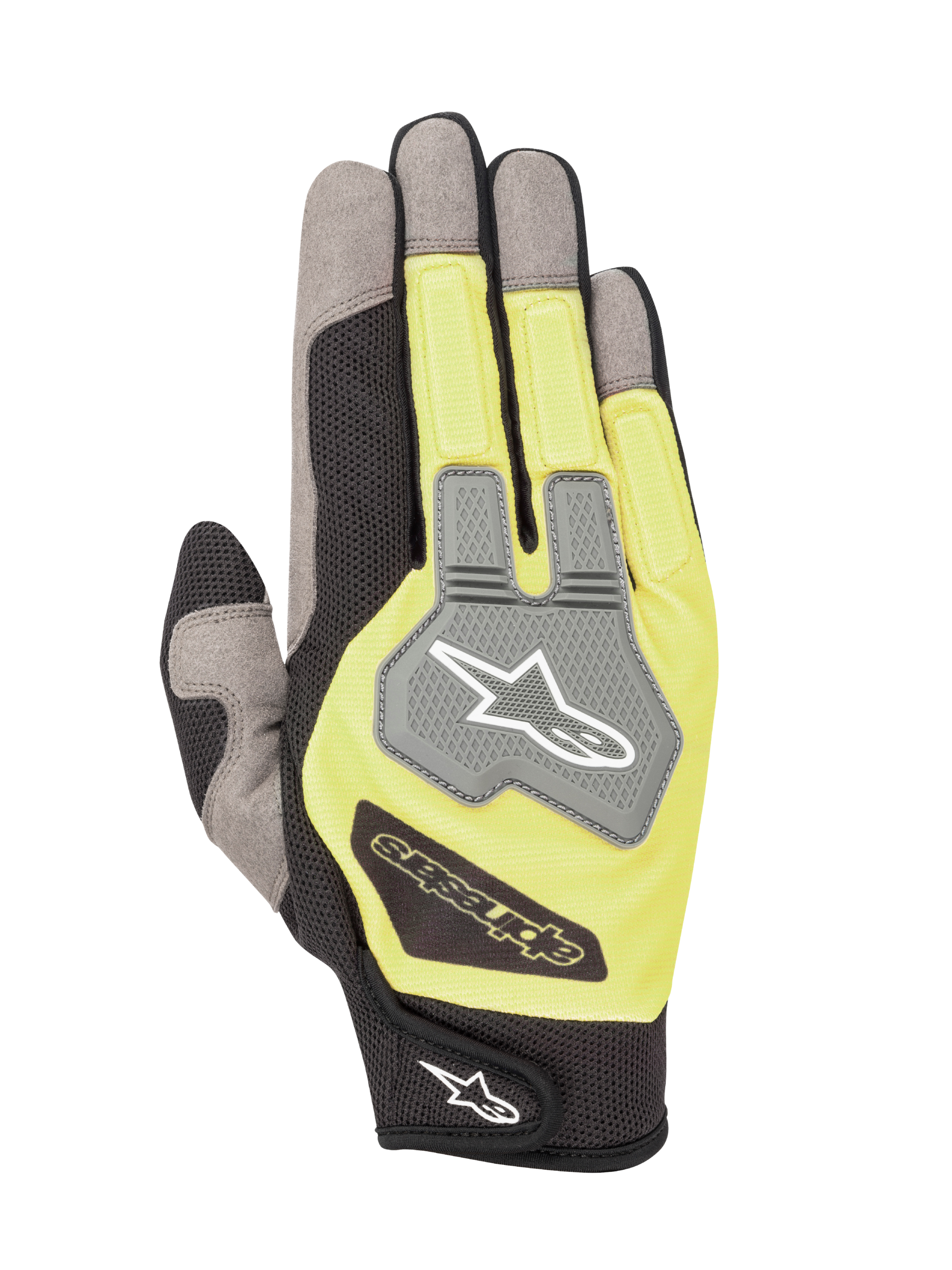 Alpinestars Engine handsker, karting- og mekanikerhandsker, sort og fluorescerende gul, set fra håndryggen med grå mesh-paneler og TPR-knobeskyttelse med Alpinestars-logo, letvægts og åndbar multimateriale-konstruktion