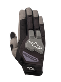 Alpinestars Engine Gloves, Mechanic Gloves, Black and Gray, featuring breathable mesh construction, gray TPR knuckle protector with white star logo, adjustable wrist strap with branding, durable multi-material design for workshop and pit work