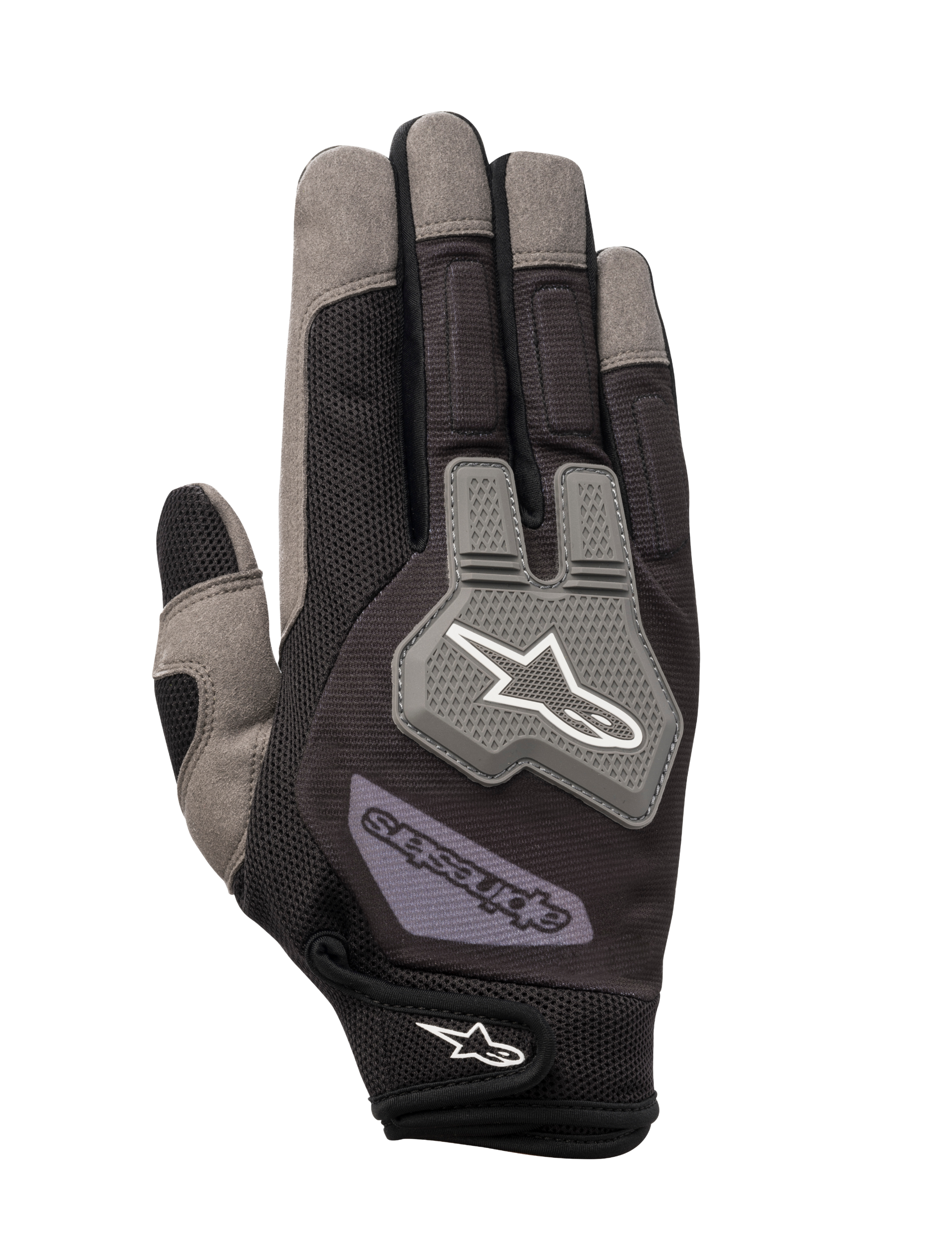 Alpinestars Engine handsker, mekanikerhandsker, sort og grå, med åndbar mesh-konstruktion, grå TPR-knobeskytter med hvidt stjernelogo, justerbar håndledsrem med branding, slidstærkt design i flere materialer til værksteds- og pitarbejde