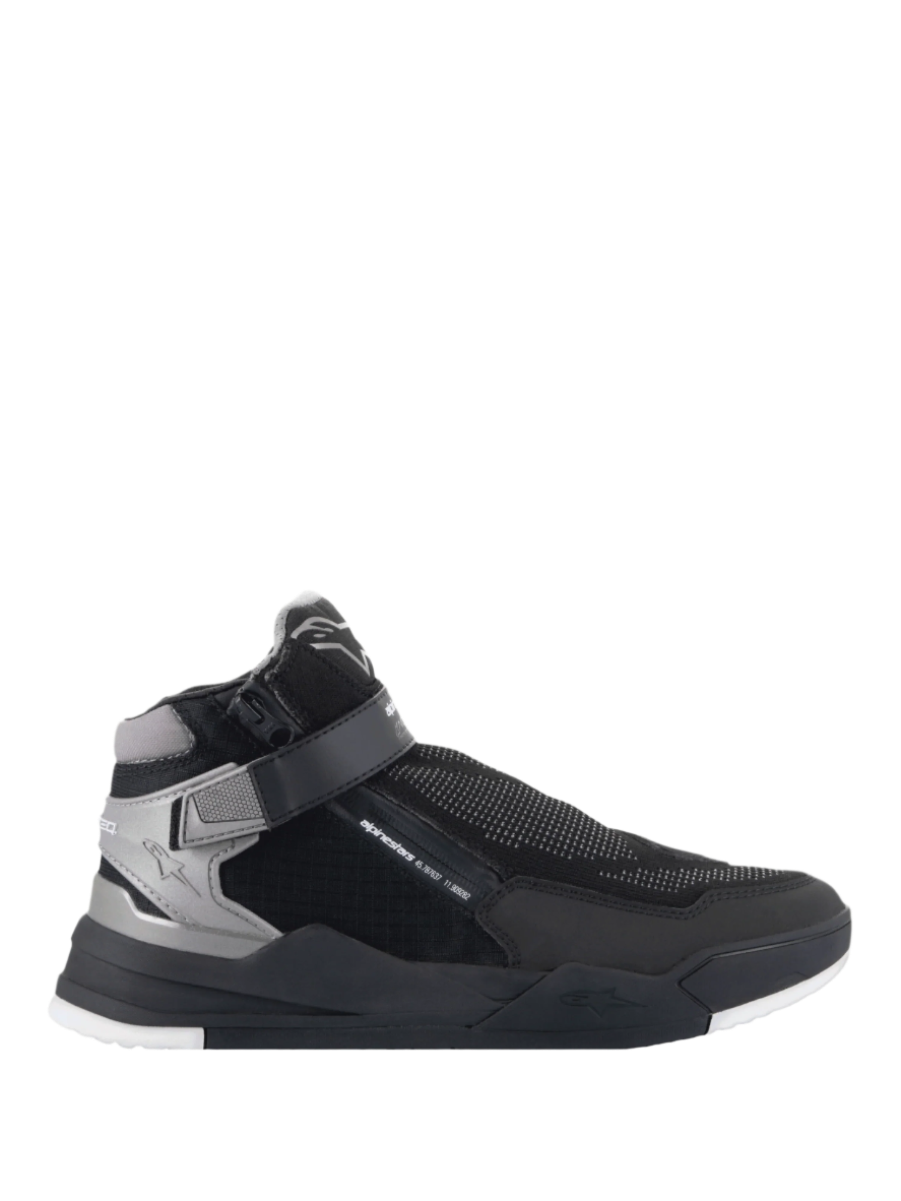 Alpinestars Speedflight Street-sko, motorcykelsko, sort og gun metal, high-top sneaker-profil med en tekstureret mesh-overdel, lateral lynlås og ankelrem, tyk sort sål med hvide detaljer på ydersålen, urban kørestil