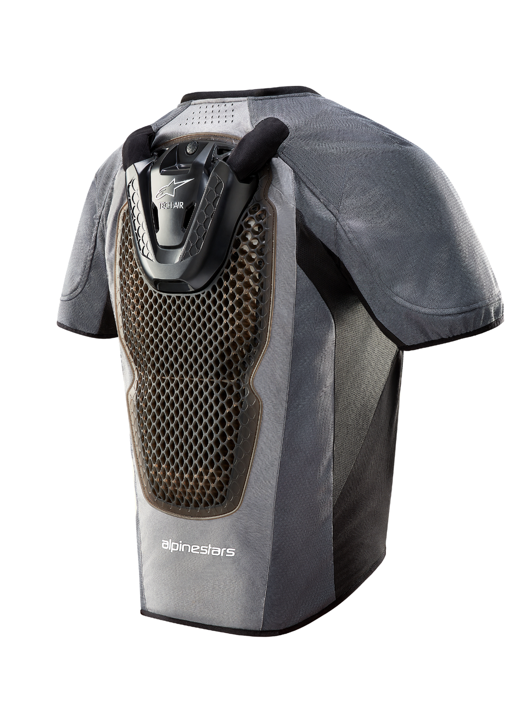Tech-Air 5 System airbagvest i mørkegrå og sort, set bagfra med en stor rygbeskytter med bikagestruktur.