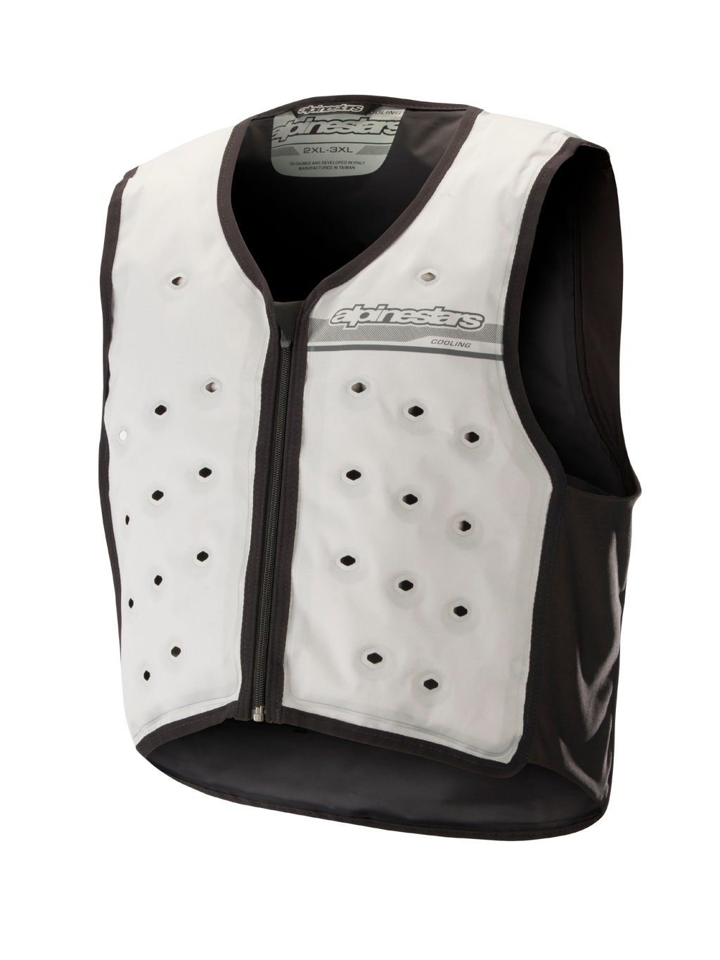 Alpinestars Cooling Vest, lysegrå og mørkegrå, ærmeløs motorcykel-kølevest med runde ventilationshuller, lynlås foran og fugttransporterende tekstilkonstruktion til kørsel i varmt vejr