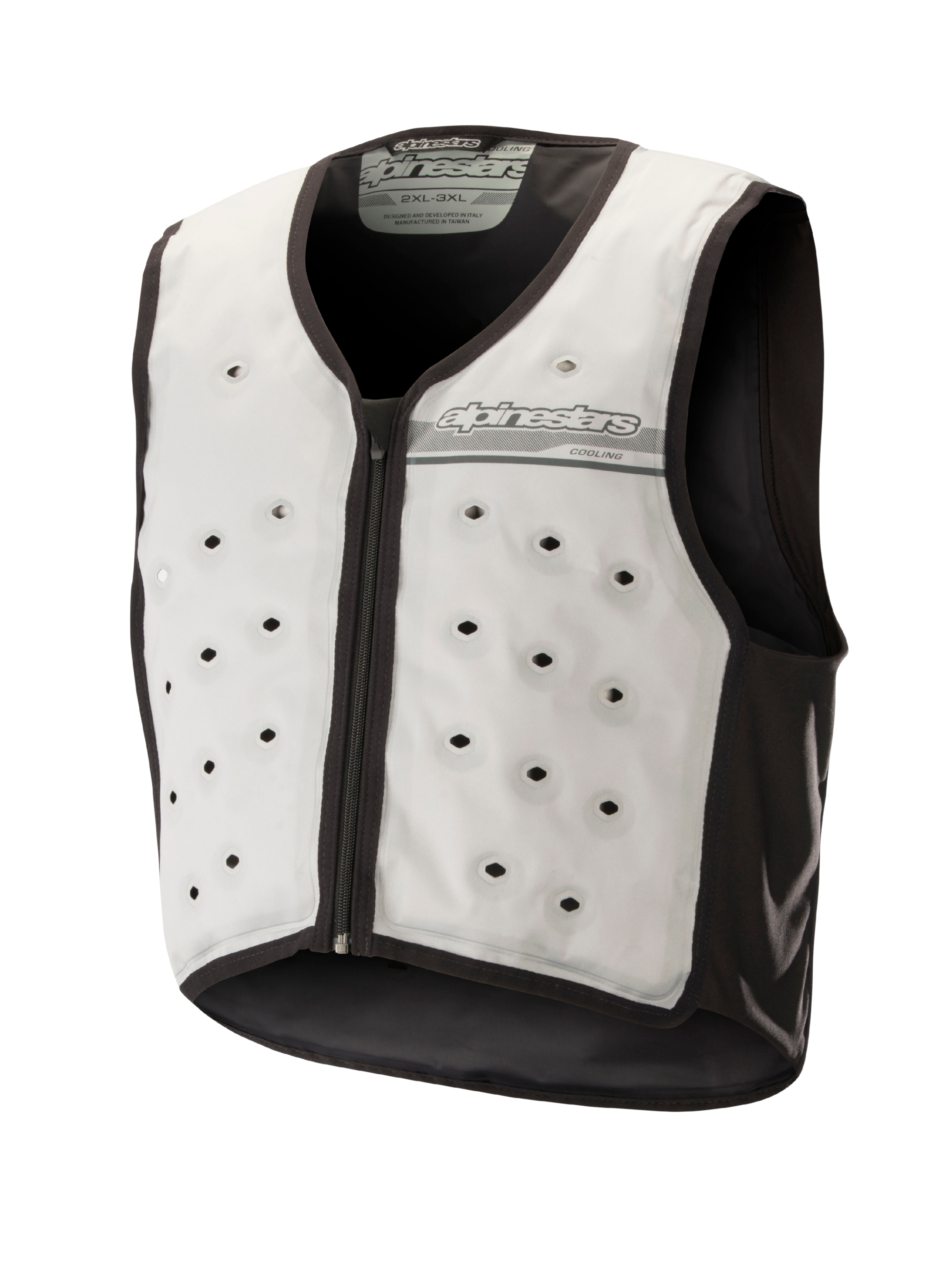 Alpinestars Cooling Vest, lysegrå og mørkegrå, ærmeløs motorcykel-kølevest med runde ventilationshuller, lynlås foran og fugttransporterende tekstilkonstruktion til kørsel i varmt vejr
