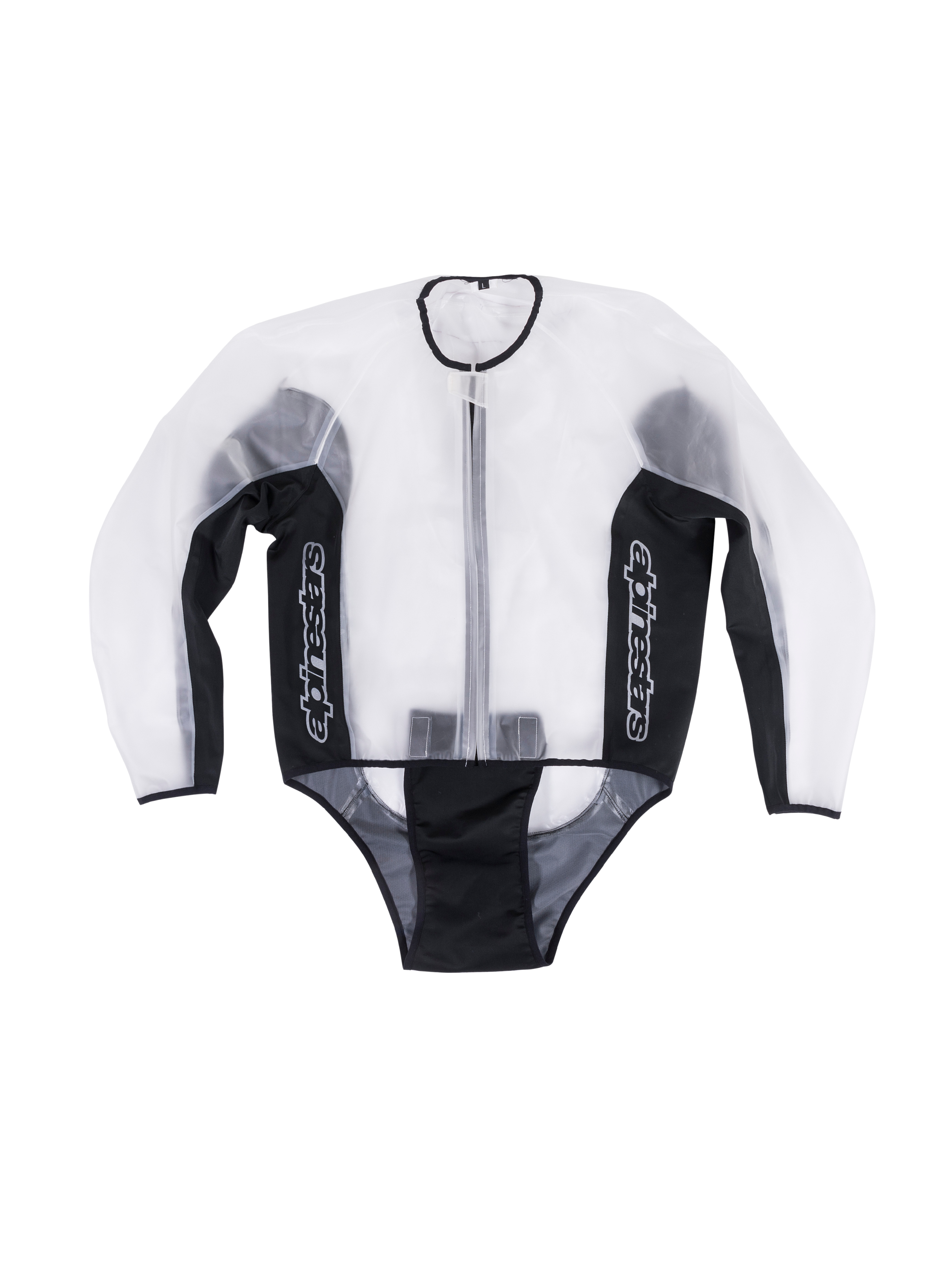 Alpinestars Racing regnjakke, vandtæt gennemsigtig motorcykeljakke, gennemsigtig og sort, hvide vertikale logoer på sidepanelerne, lynlåslukning foran, forbøjet design til pasform over læderdragter, funktionelt racerudstyr til våde vejrforhold