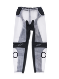 Alpinestars Racing Rain Pants, regnovertræksbukser til motorcykel, gennemsigtig sort og transparent hvid, med runde udskæringer til knæslidere, sorte ergonomiske strækpaneler og stjernelogoer på knæene, vandtæt design til brug på banen