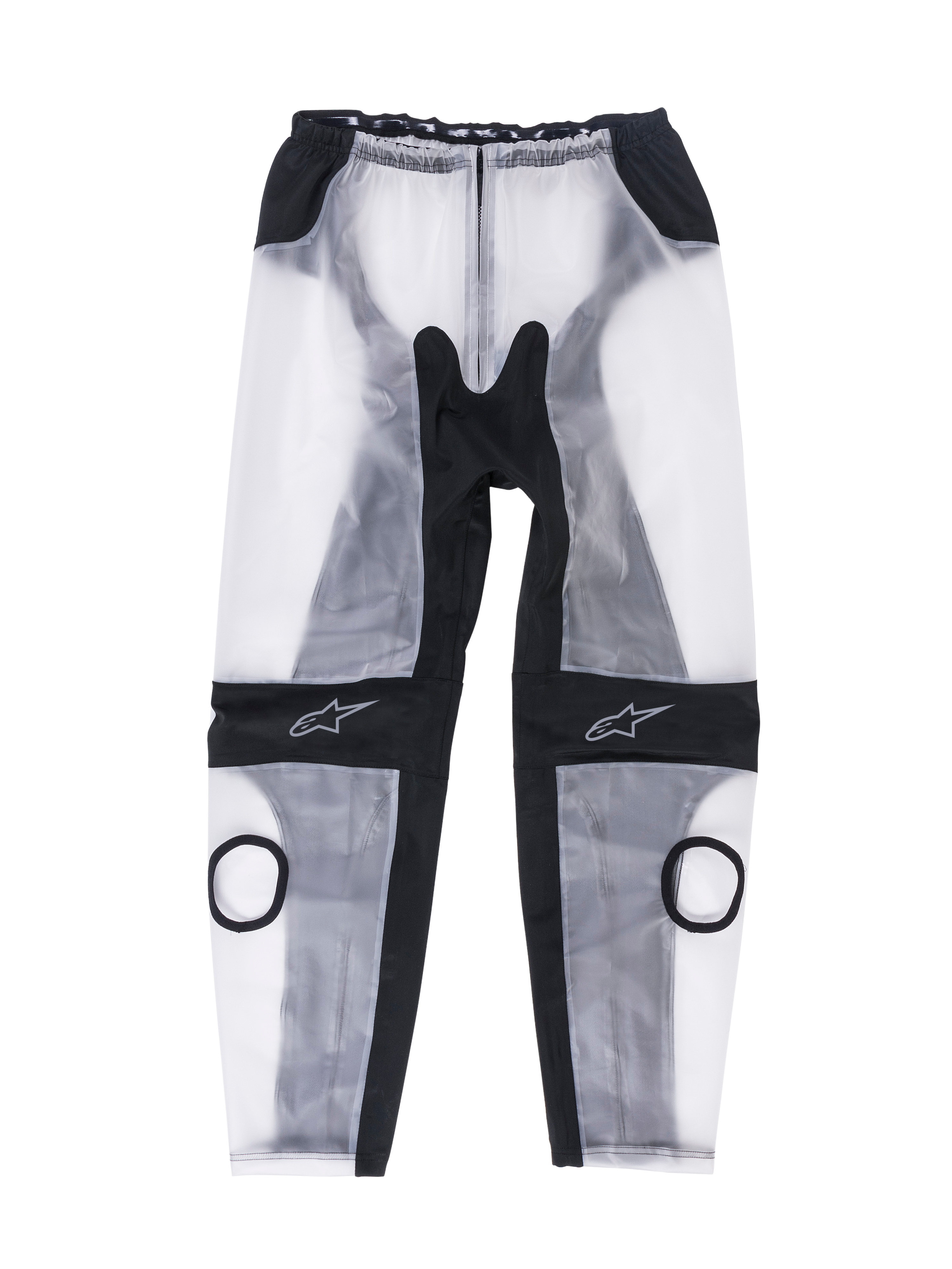 Alpinestars Racing Rain Pants, regnovertræksbukser til motorcykel, gennemsigtig sort og transparent hvid, med runde udskæringer til knæslidere, sorte ergonomiske strækpaneler og stjernelogoer på knæene, vandtæt design til brug på banen