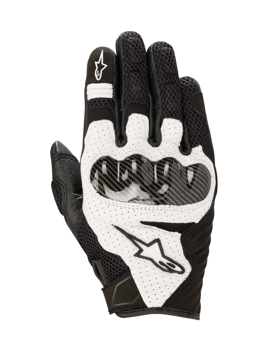 Alpinestars SMX-1 Air V2 handsker, sportshandsker til motorcykel, sort og hvid, med mesh-paneler for åndbarhed, hård knobeskytter i kulfiber-stil, perforerede læderdetaljer og Alpinestars-branding