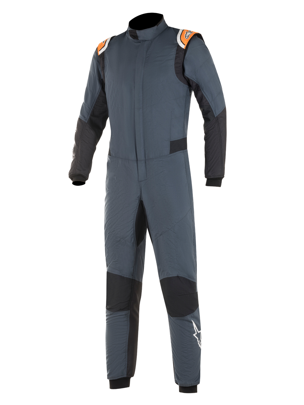 Alpinestars Hypertech Suit, køredragt til bilsport, asfaltgrå og sort med orange fluo-detaljer, sorte strækpaneler, orange skulderstropper med branding og hvidt stjerne-logo på benet, professionel to-lags brandsikker konstruktion til motorsport