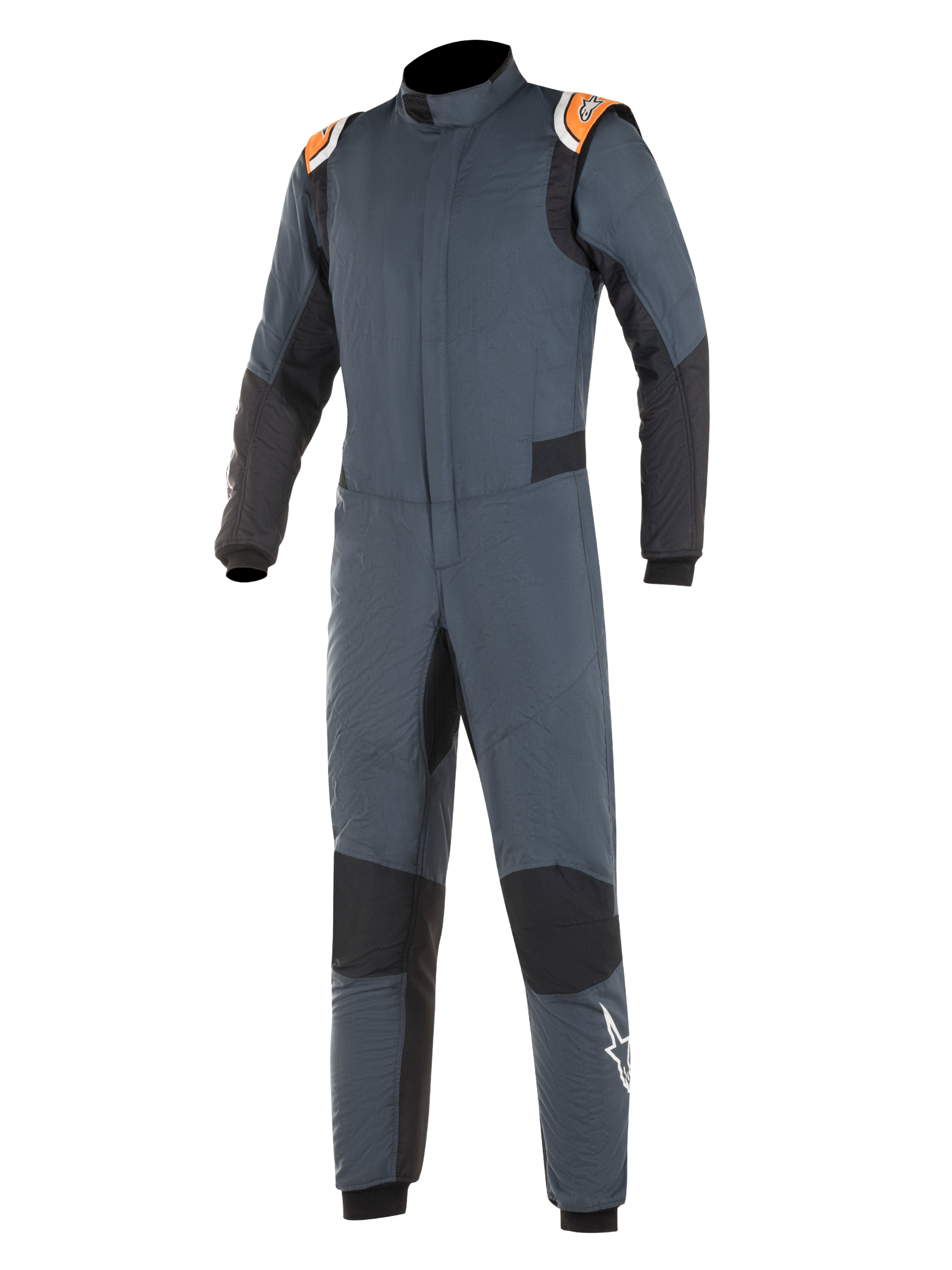 Alpinestars Hypertech Suit, køredragt til bilsport, asfaltgrå og sort med orange fluo-detaljer, sorte strækpaneler, orange skulderstropper med branding og hvidt stjerne-logo på benet, professionel to-lags brandsikker konstruktion til motorsport