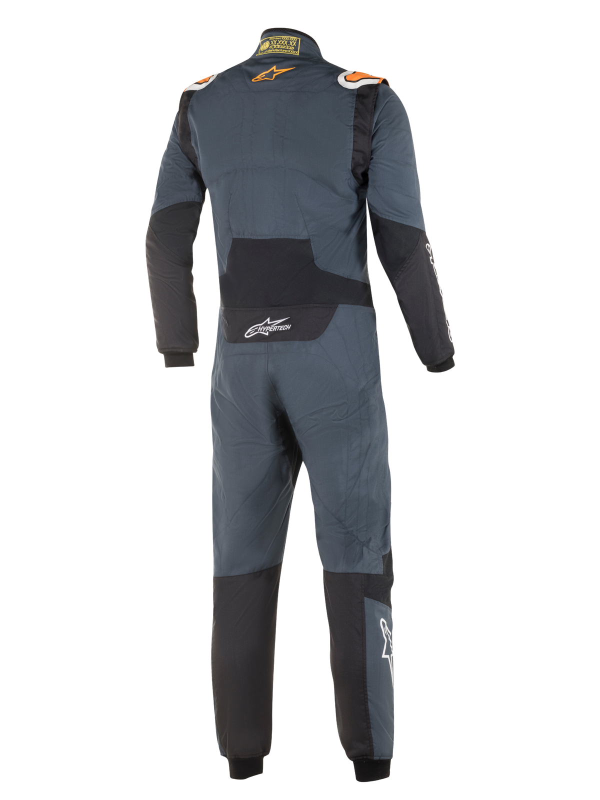 Alpinestars Hypertech-dragt, professionel racerdragt til biler, Asphalt Gray og fluorescerende orange, set bagfra, med sorte strækpaneler på lænden og albuerne, orange Alpinestars-logoer på skuldrene og hvid Hypertech-branding, strømlinet FIA-certificeret design.