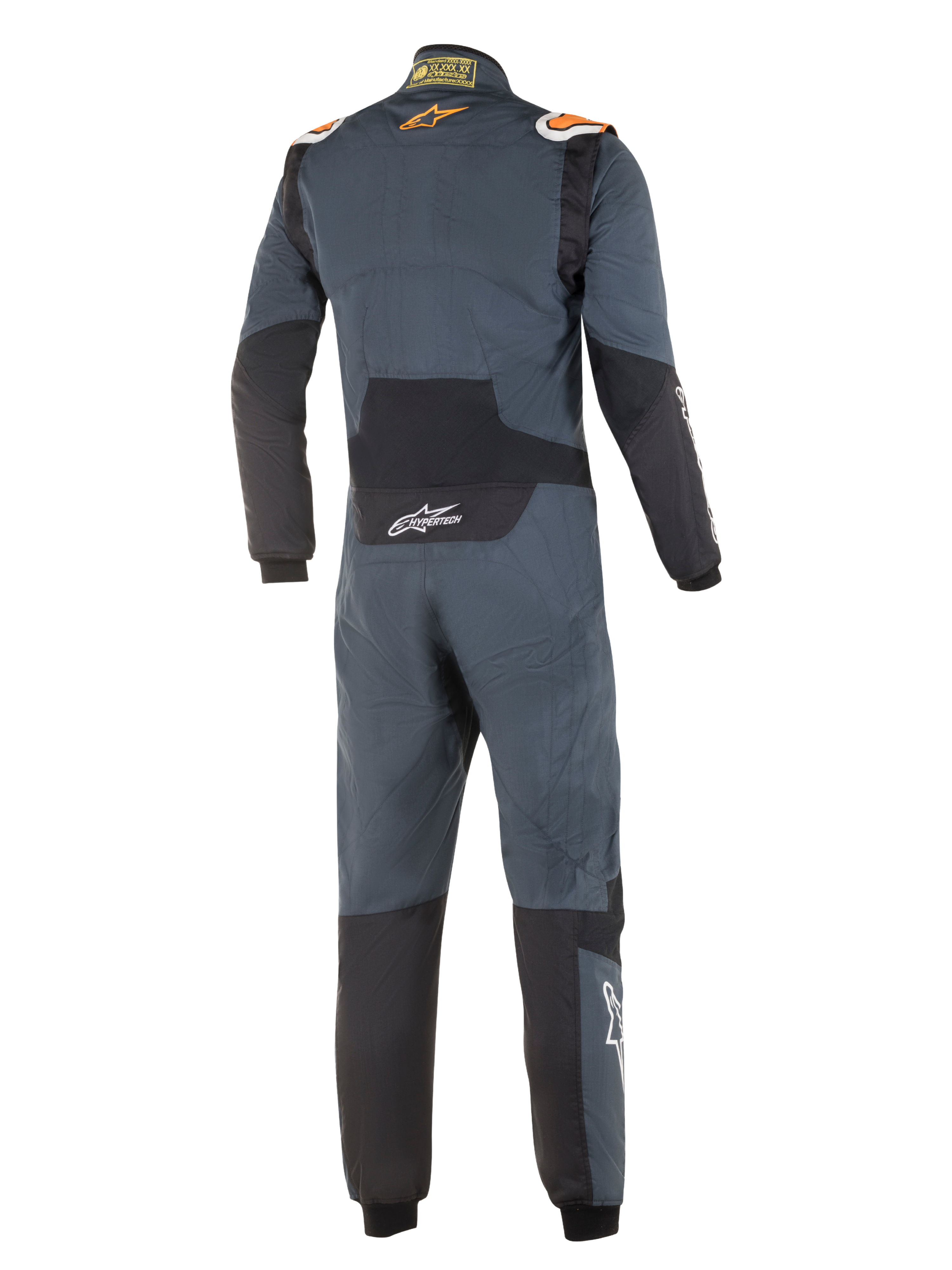Alpinestars Hypertech-dragt, professionel racerdragt til biler, Asphalt Gray og fluorescerende orange, set bagfra, med sorte strækpaneler på lænden og albuerne, orange Alpinestars-logoer på skuldrene og hvid Hypertech-branding, strømlinet FIA-certificeret design.