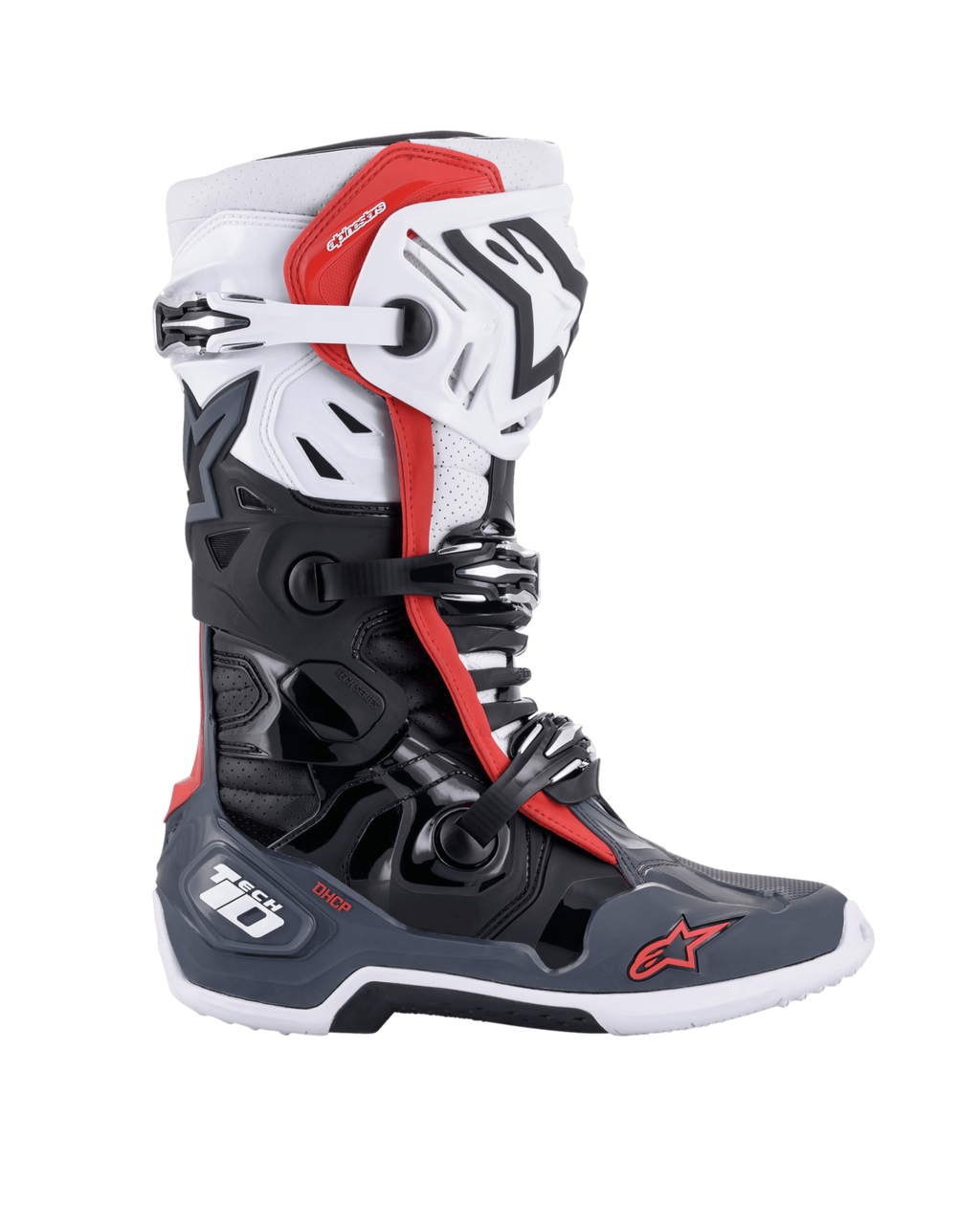 Alpinestars Tech 10 Supervented støvler, motocross støvler, sort, hvid, mellemgrå og rød, profilvisning fra siden med flere spændelukninger, ventilerede paneler og røde Alpinestars logoer, teknisk off-road fodtøjsdesign