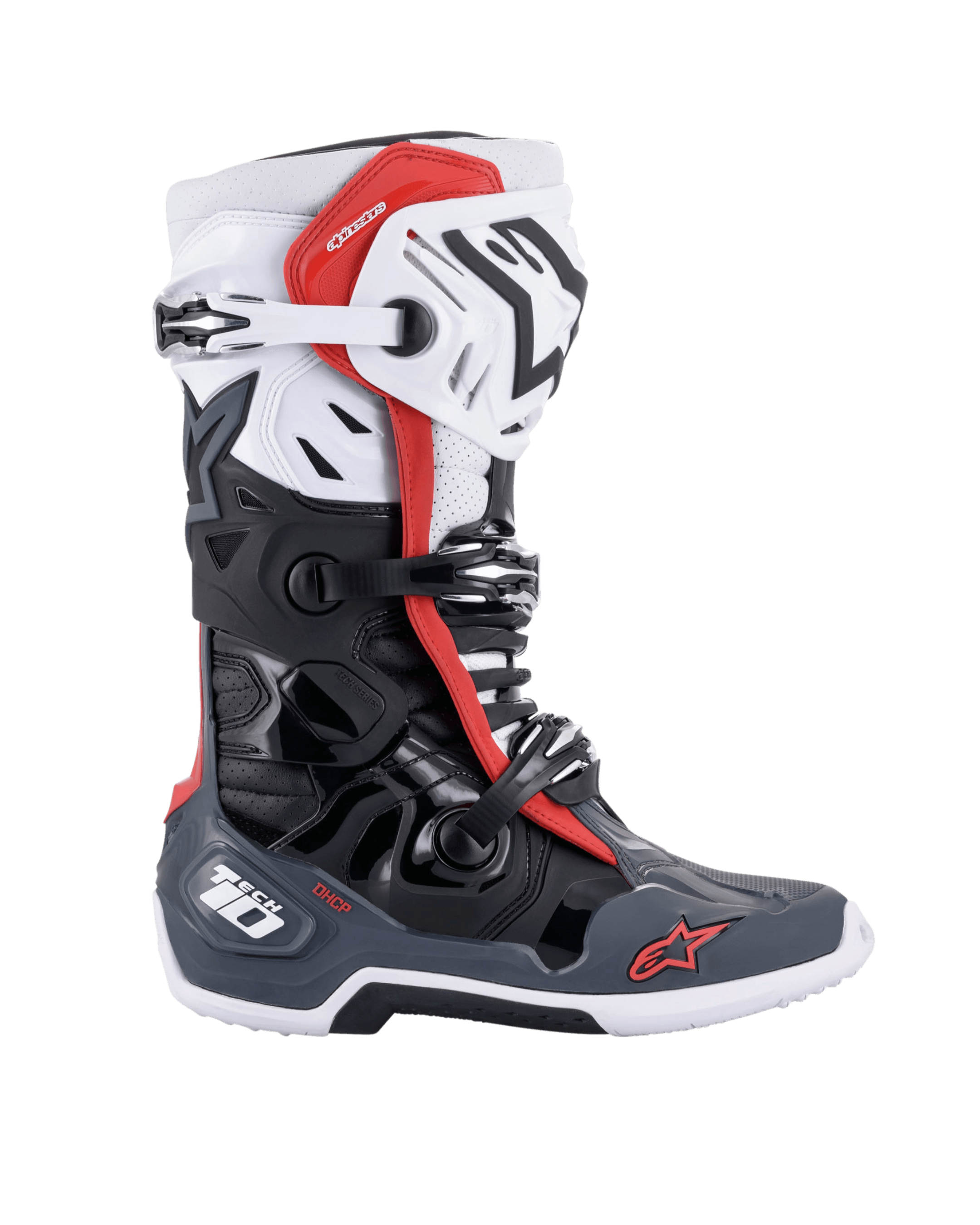 Alpinestars Tech 10 Supervented støvler, motocross støvler, sort, hvid, mellemgrå og rød, profilvisning fra siden med flere spændelukninger, ventilerede paneler og røde Alpinestars logoer, teknisk off-road fodtøjsdesign