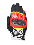 Alpinestars SMX-2 Air Carbon V2 Gloves, Short-Cuff Motorcycle Gloves, Black with Red Fluorescent, White and Yellow accents, featuring a carbon fiber knuckle guard, 3D mesh panels for ventilation, and leather construction, sporty road riding design