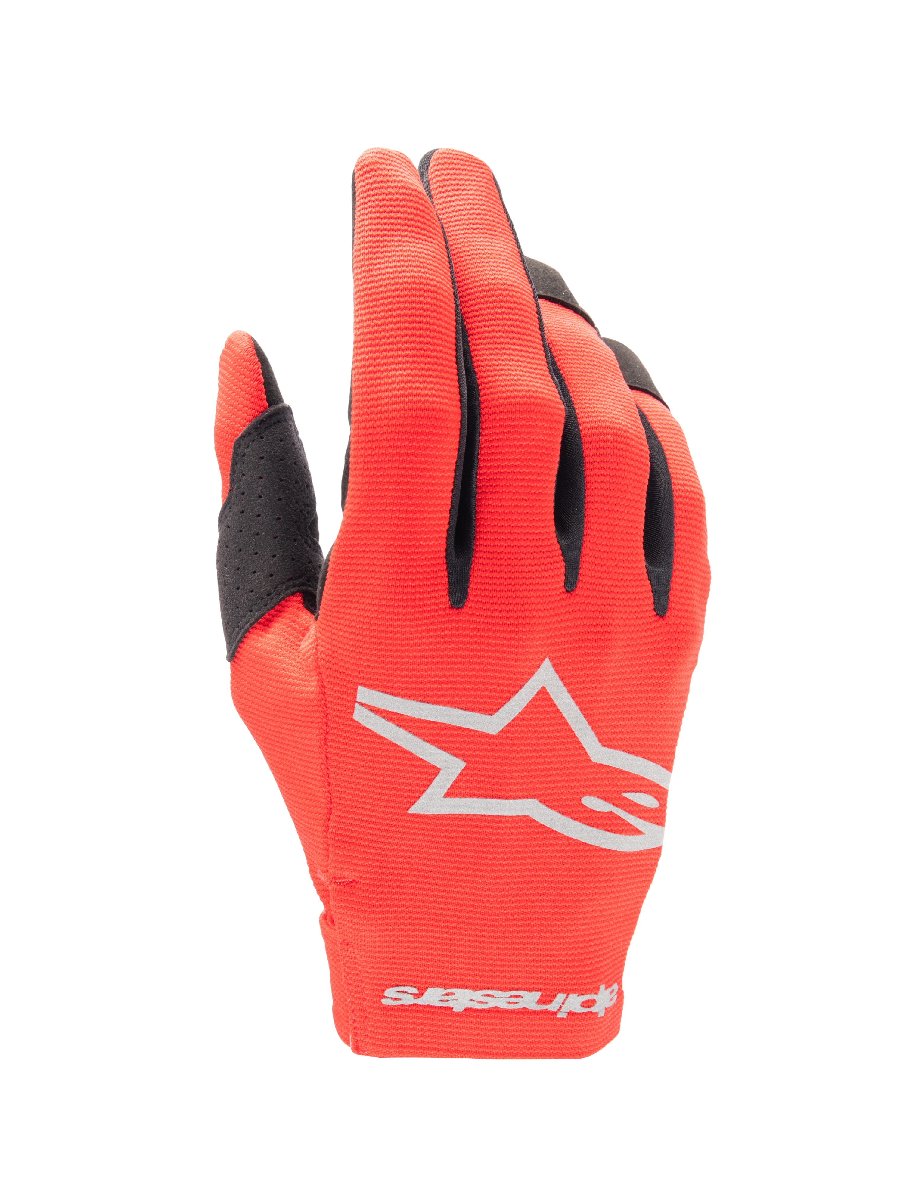 Alpinestars 2025 Radar handsker, motocross-handsker, Mars Red og sølv, set fra oversiden med et sølvfarvet stjerne-logo, sorte detaljer på fingrene og fleksibelt strækstof til off-road racing
