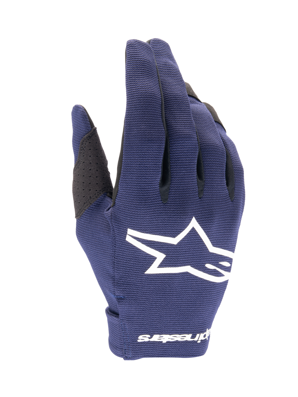 Alpinestars 2025 Radar-handsker, motocrosshandsker, mørkeblå og hvid, tekstureret mørkeblåt stof med et stort hvidt stjerne-logo, hvidt logo på håndleddet, letvægtsdesign til off-road kørsel