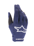 Alpinestars 2025 Radar-handsker, motocrosshandsker, mørkeblå og hvid, tekstureret mørkeblåt stof med et stort hvidt stjerne-logo, hvidt logo på håndleddet, letvægtsdesign til off-road kørsel