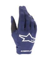 Alpinestars 2025 Radar-handsker, motocrosshandsker, mørkeblå og hvid, tekstureret mørkeblåt stof med et stort hvidt stjerne-logo, hvidt logo på håndleddet, letvægtsdesign til off-road kørsel
