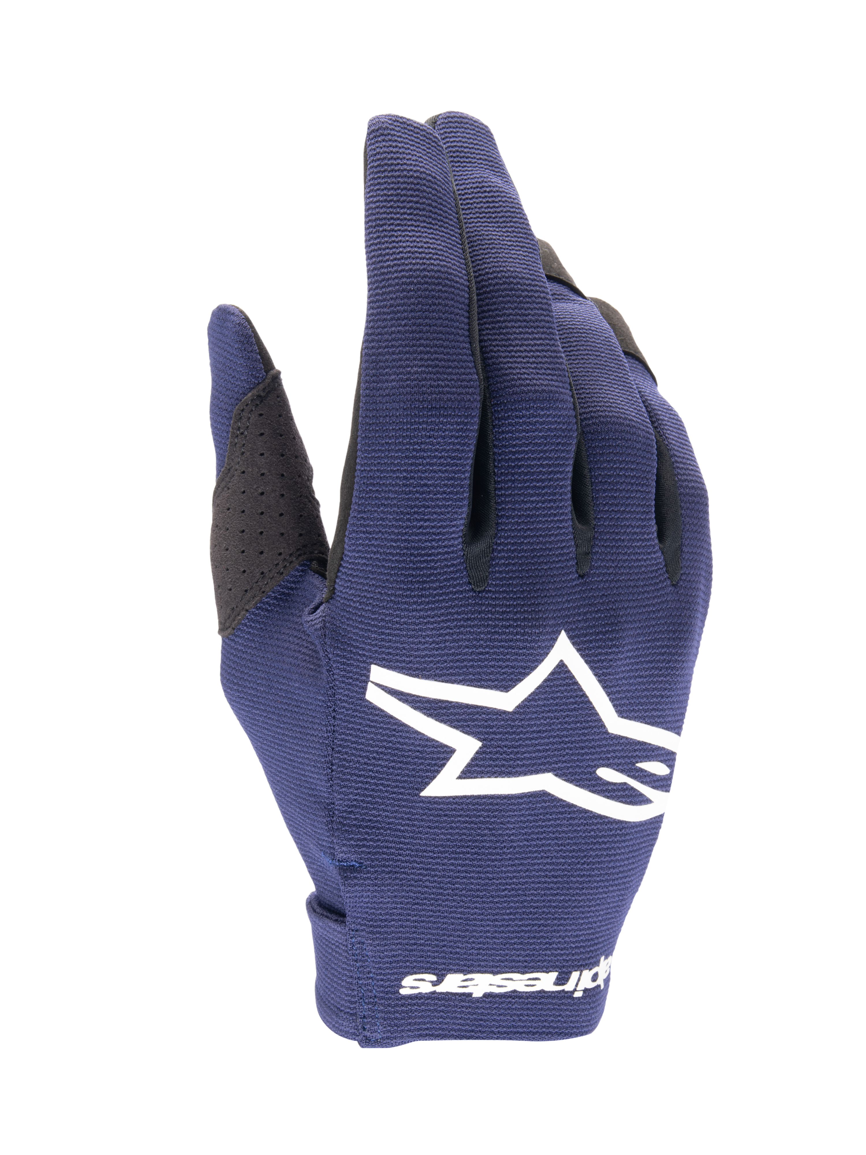 Alpinestars 2025 Radar-handsker, motocrosshandsker, mørkeblå og hvid, tekstureret mørkeblåt stof med et stort hvidt stjerne-logo, hvidt logo på håndleddet, letvægtsdesign til off-road kørsel