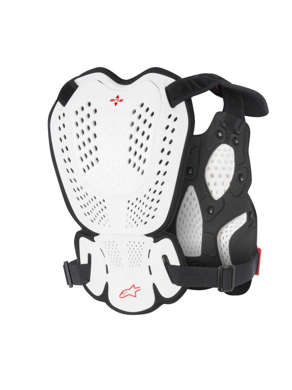 Alpinestars A-1 Roost Guard, motocross bryst- og rygbeskytter, hvid og sort med rødt Alpinestars-logo, perforerede plader med hård skal, bio-skum polstring, set bagfra viser beskyttende dækning til motocross og terrænkørsel