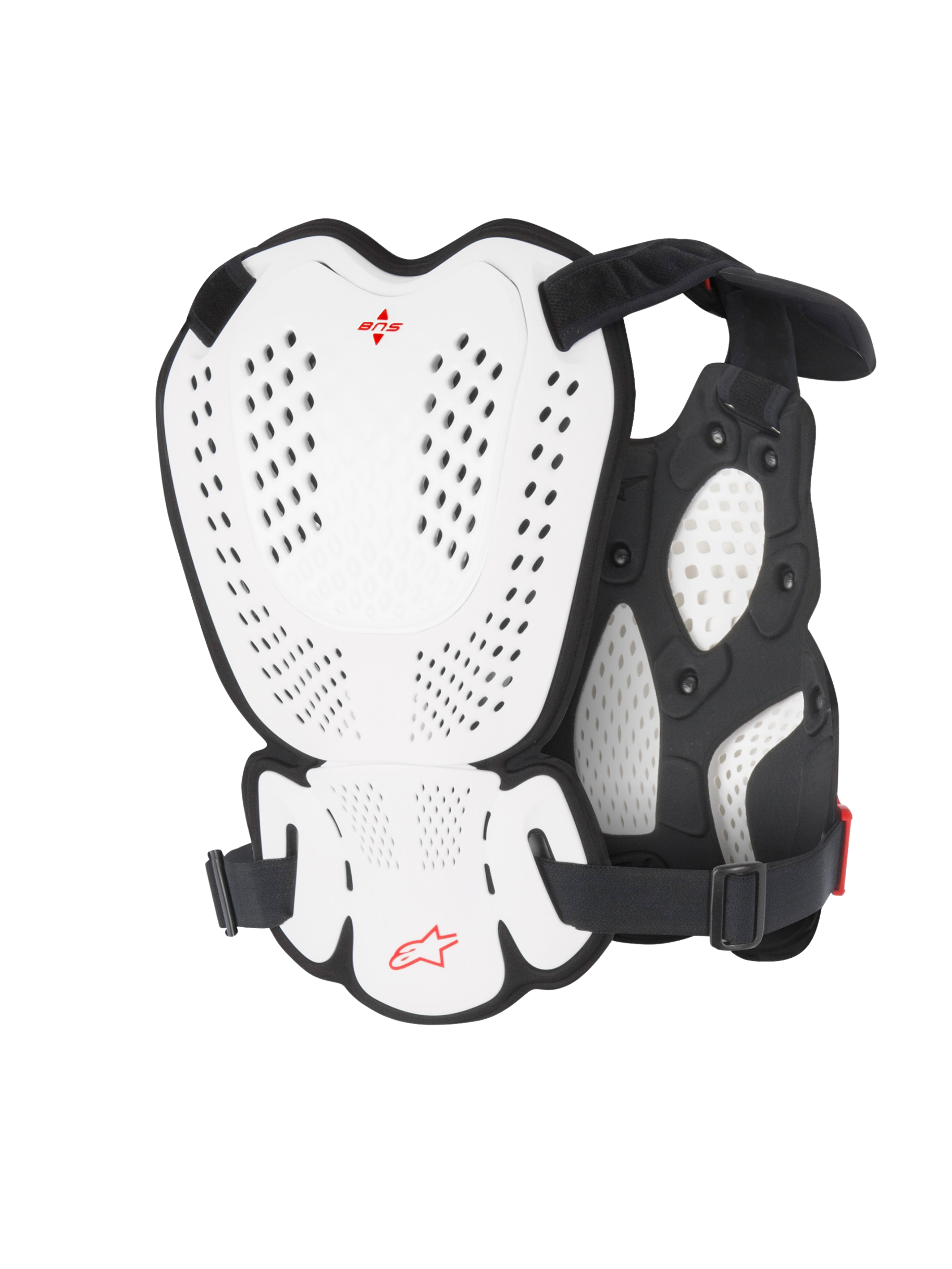 Alpinestars A-1 Roost Guard, motocross bryst- og rygbeskytter, hvid og sort med rødt Alpinestars-logo, perforerede plader med hård skal, bio-skum polstring, set bagfra viser beskyttende dækning til motocross og terrænkørsel