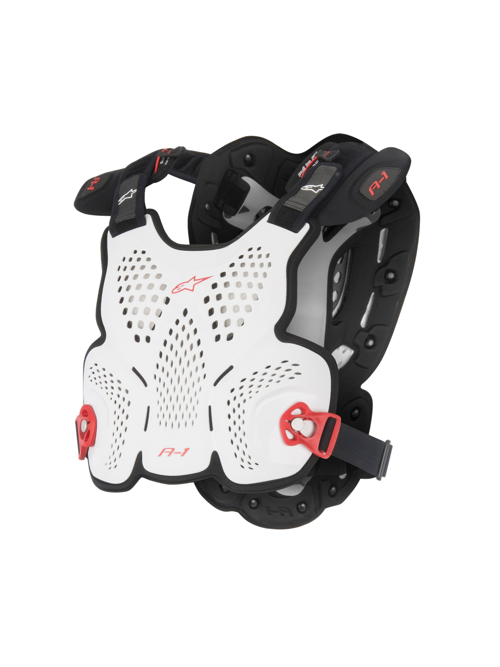 Alpinestars A-1 Roost Guard, motocross brystbeskytter, hvid og sort med røde detaljer, perforeret hård skal til ventilation, røde justerbare sidespænder, letvægts kropsnært design til off-road kørsel