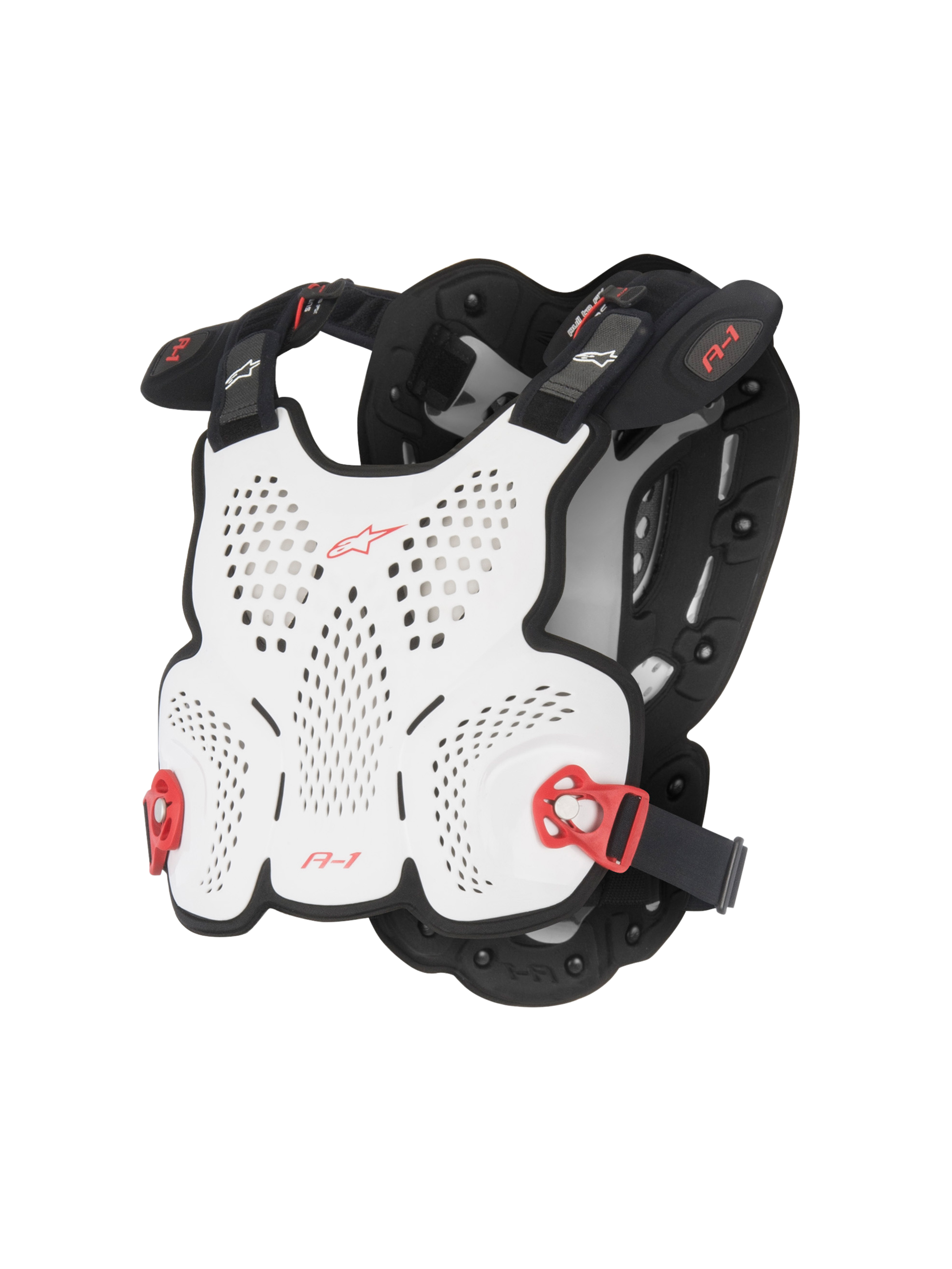 Alpinestars A-1 Roost Guard, motocross brystbeskytter, hvid og sort med røde detaljer, perforeret hård skal til ventilation, røde justerbare sidespænder, letvægts kropsnært design til off-road kørsel