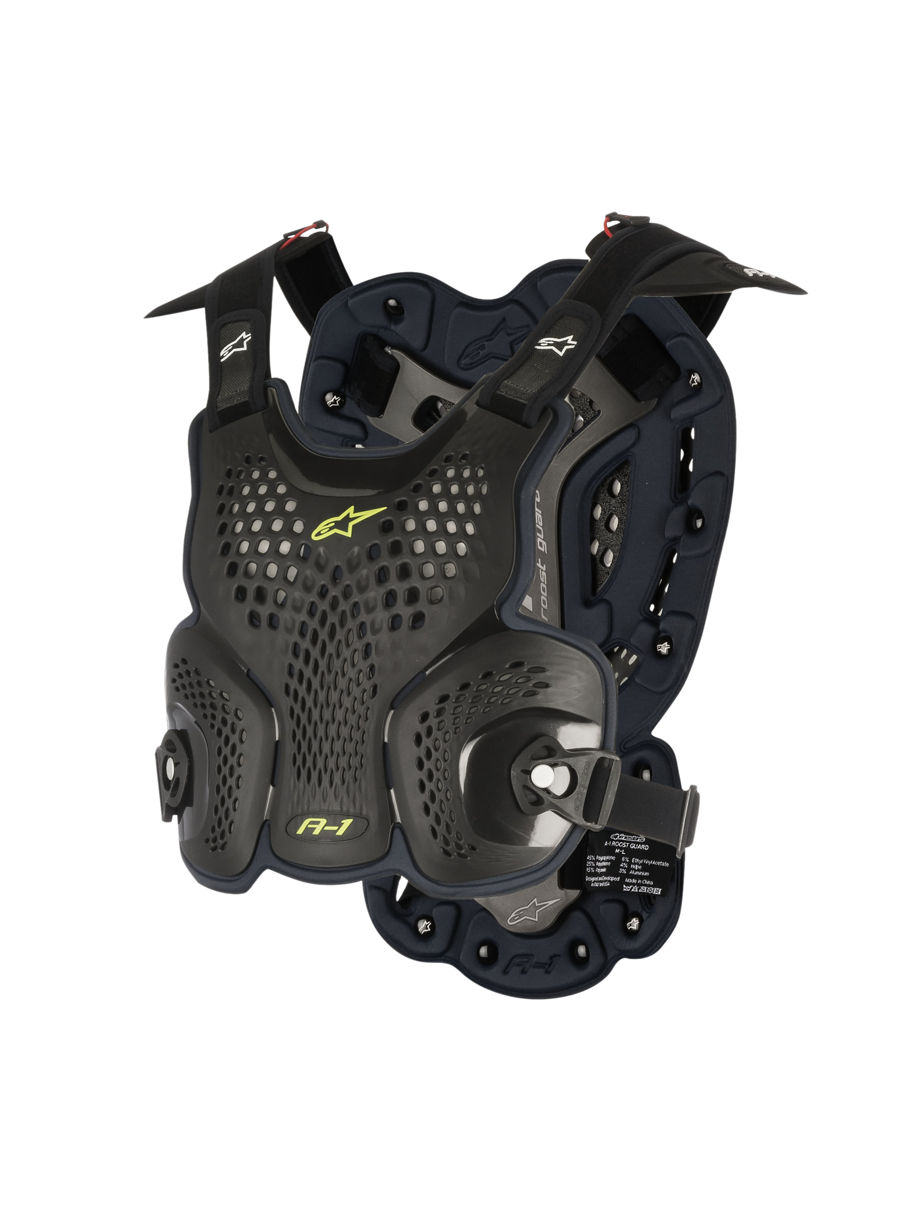 Alpinestars A-1 Roost Guard, motocross brystbeskyttelse, sort antracit med neongule detaljer, perforerede honeycomb-skaller, bio-skum polstring, justerbare stropper, letvægts off-road kropsbeskyttelse