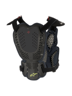 Alpinestars A-1 Roost Guard, motocross bryst- og rygbeskytter, Black Anthracite, set bagfra med perforerede hårde skalplader, rødt BNS-logo og limegrønt Alpinestars-stjernelogo med justerbare stropper til off-road beskyttelse