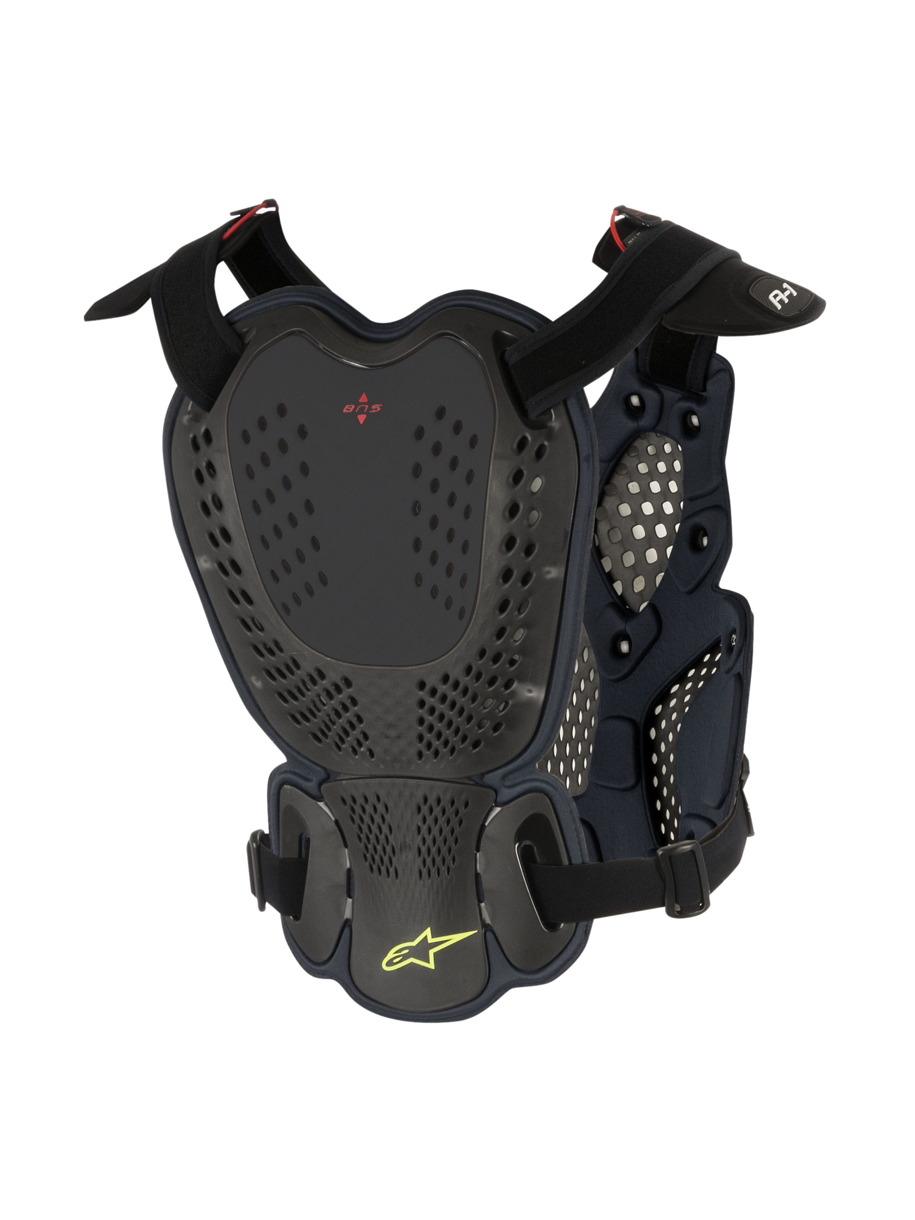 Alpinestars A-1 Roost Guard, motocross bryst- og rygbeskytter, Black Anthracite, set bagfra med perforerede hårde skalplader, rødt BNS-logo og limegrønt Alpinestars-stjernelogo med justerbare stropper til off-road beskyttelse