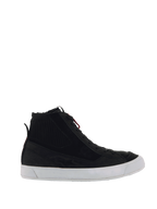 Alpinestars Stated Shoes, Black High-Top Motorcycle Sneakers, Black and White, ribbed ankle detail, red lace accents, white vulcanized sole, casual urban riding footwear