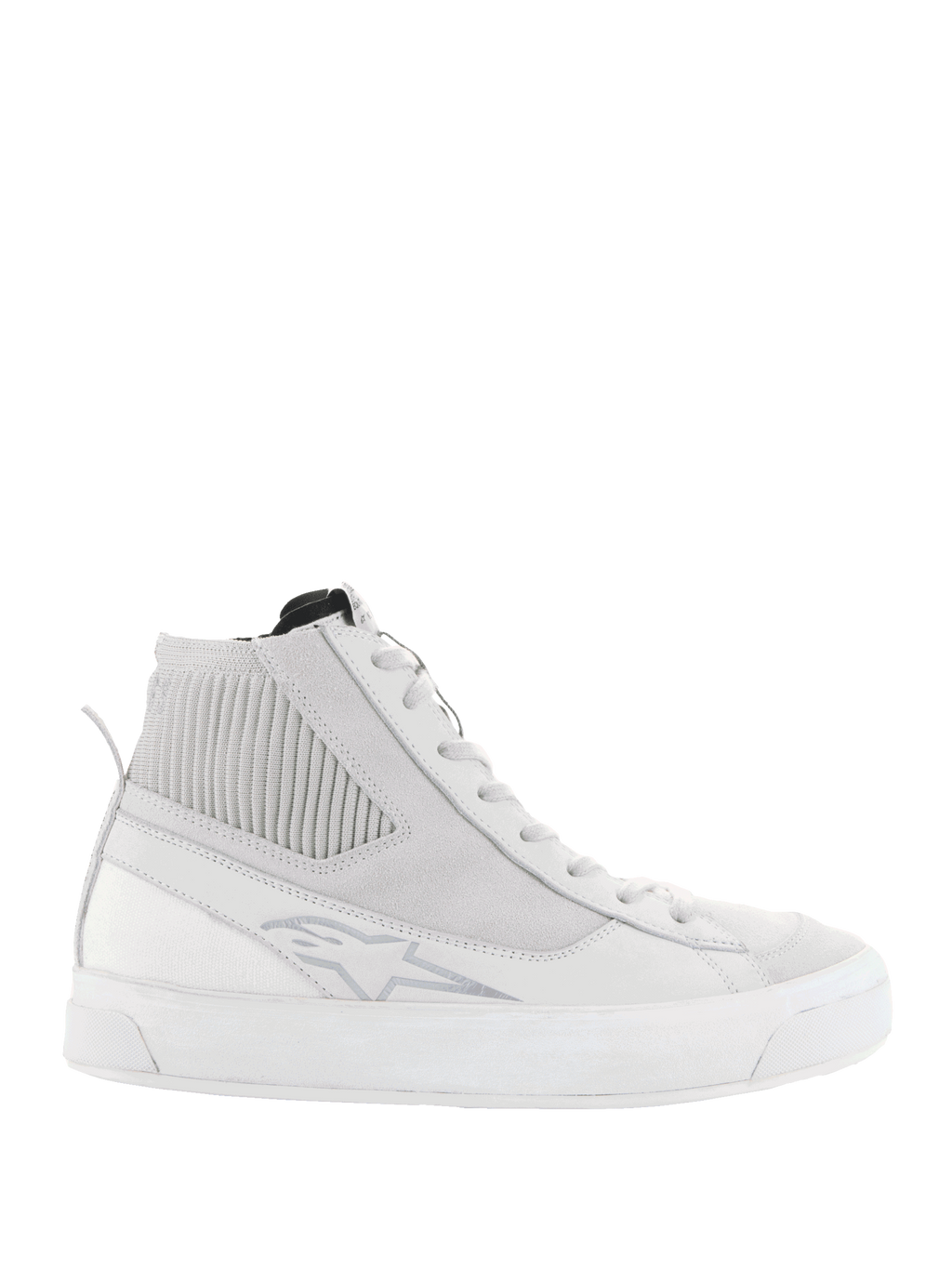 Alpinestars Stella Stated Podium sko, højhalset køre-sneaker til damer, hvid og lysegrå, tyk hvid vulkaniseret sål, ribbet tekstilpanel ved anklen, snørelukning, diskret logodetalje, retro urban skate-inspireret design