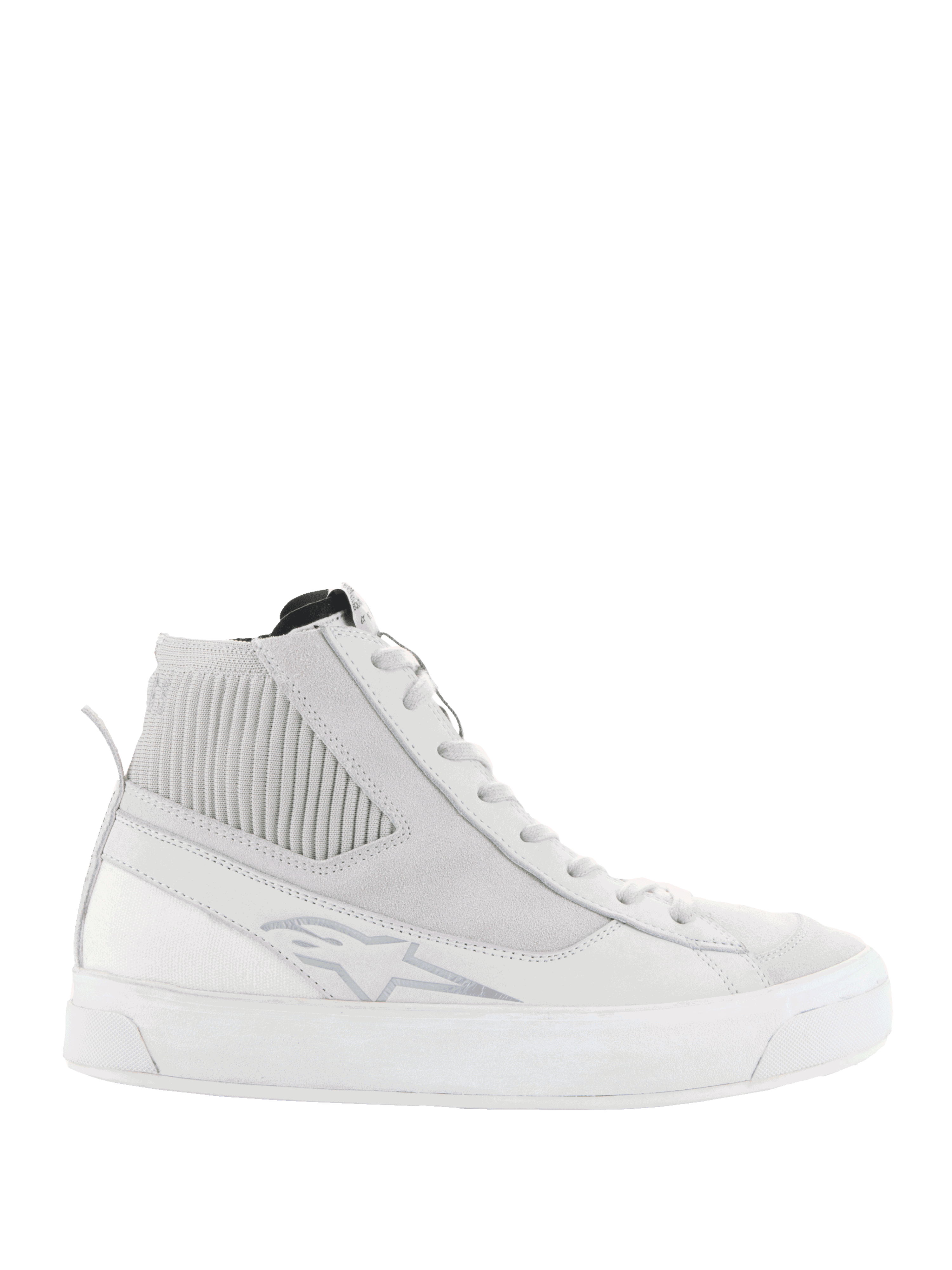 Alpinestars Stella Stated Podium sko, højhalset køre-sneaker til damer, hvid og lysegrå, tyk hvid vulkaniseret sål, ribbet tekstilpanel ved anklen, snørelukning, diskret logodetalje, retro urban skate-inspireret design