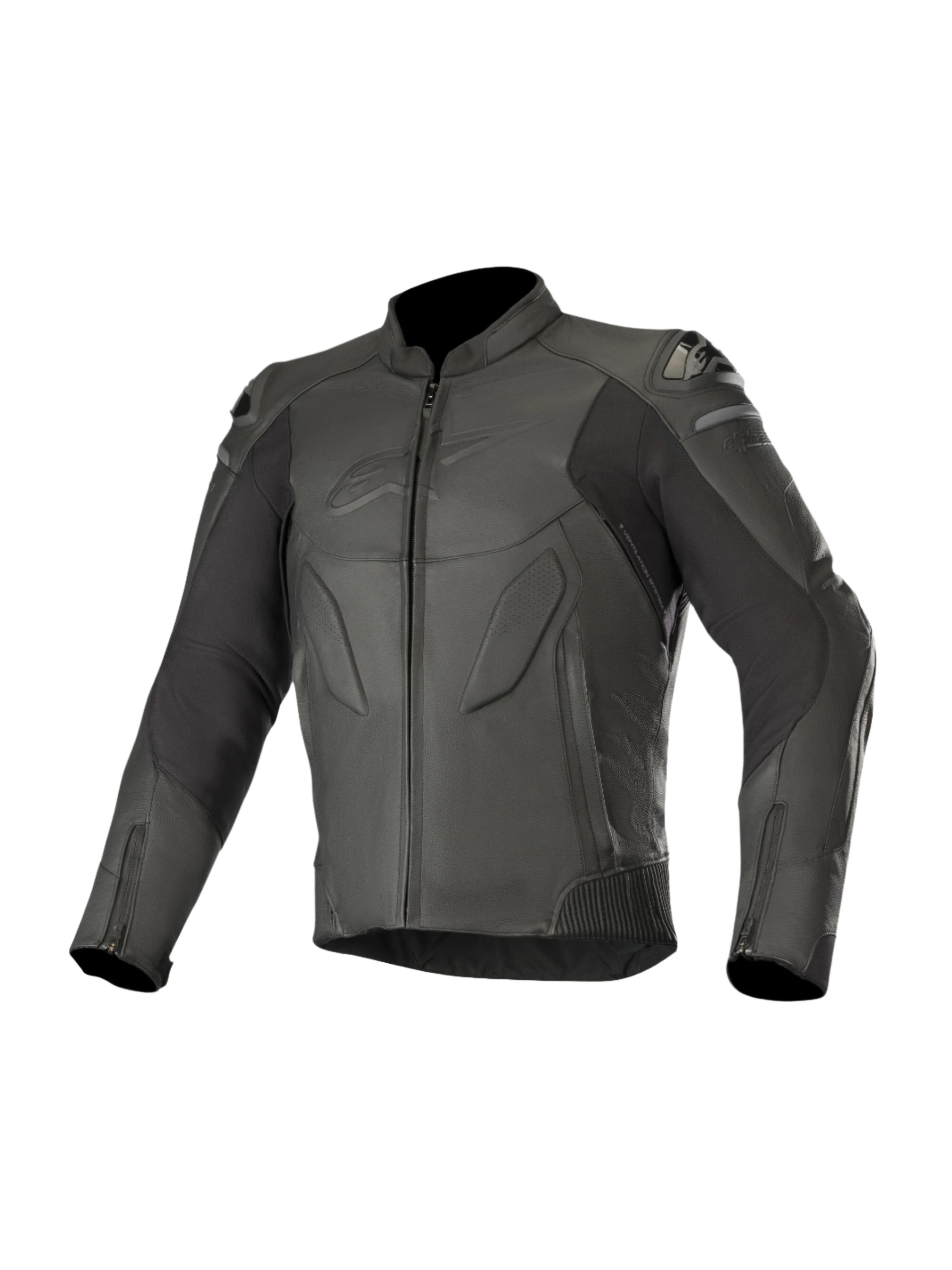 Alpinestars Caliber læderjakke, sort, motorcykeludstyr til vej, førsteklasses læderkonstruktion med perforerede paneler, udvendige DFS-skulderslidere, lynlås foran og ved manchetterne, diskret præget logo på brystet