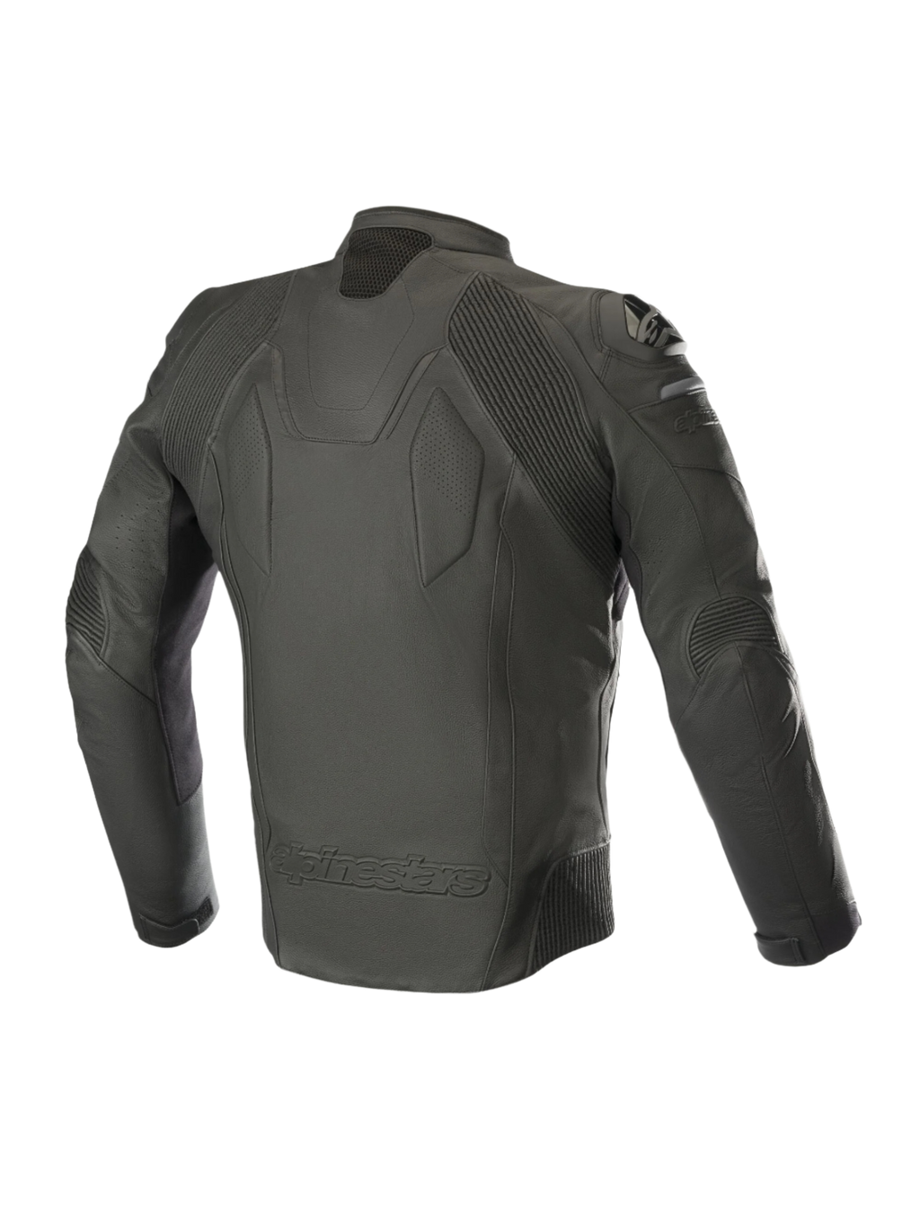 Alpinestars Caliber læderjakke, sort, set bagfra, førsteklasses læderkonstruktion, akkordeon-strækpaneler på skuldre og albuer, eksterne DFS-skulderslidere, præget Alpinestars-logo nederst på ryggen